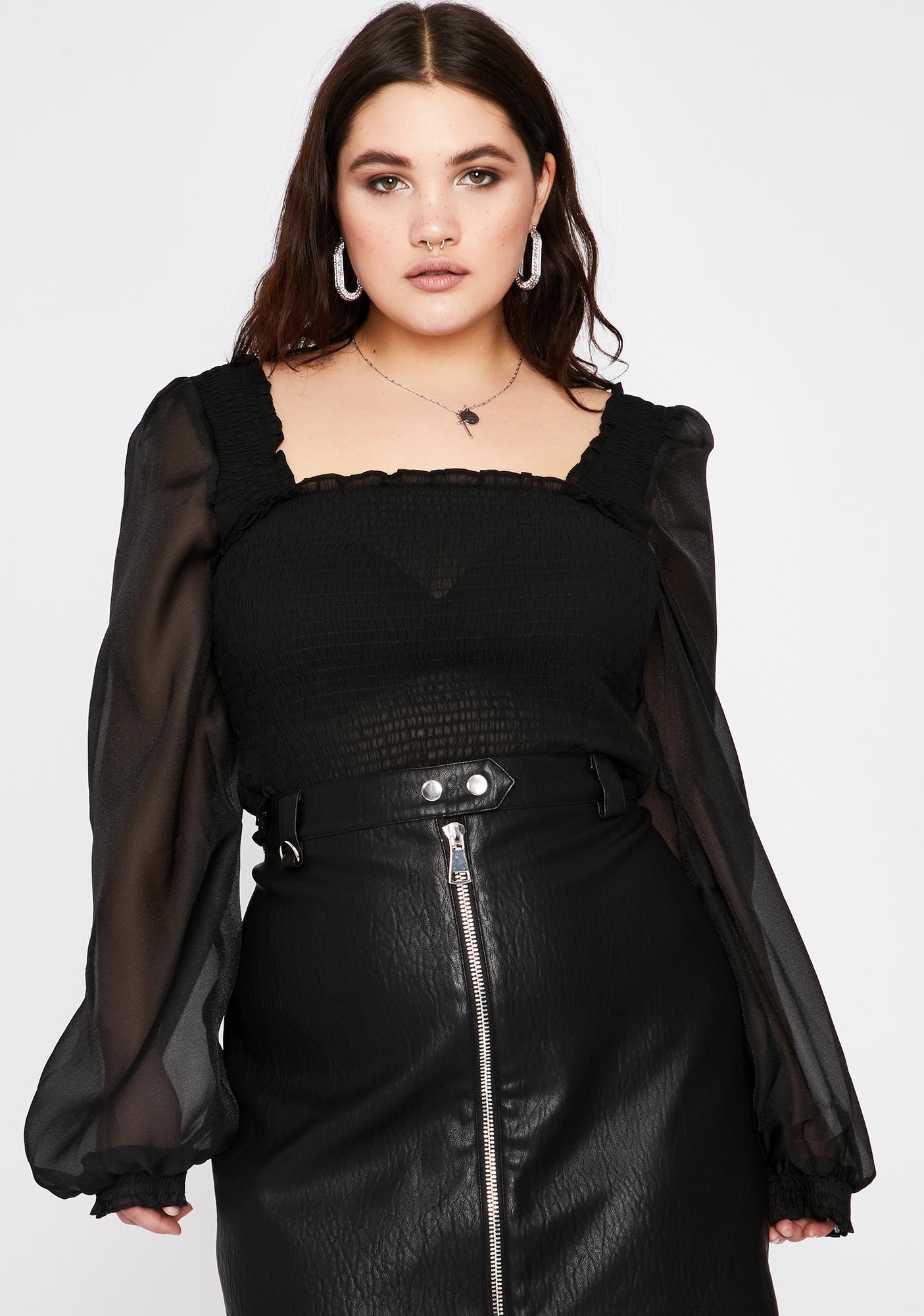 Plus Size Black Smocked Sheer Sleeves Crop Top Blouse Stretchy Dolls Kill