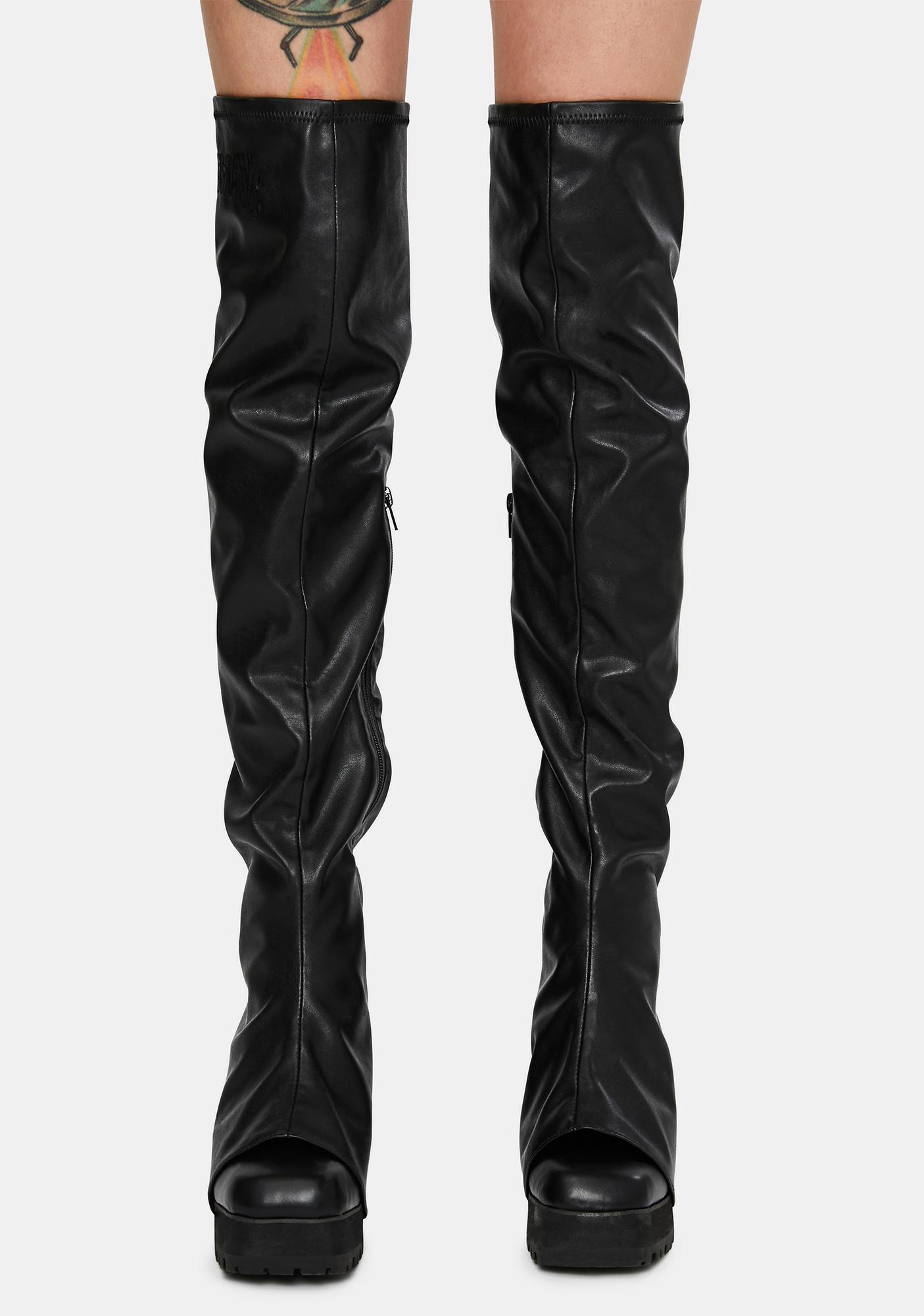 Darker Wavs Thigh High Pant Boots - Black Vegan Leather | Dolls Kill