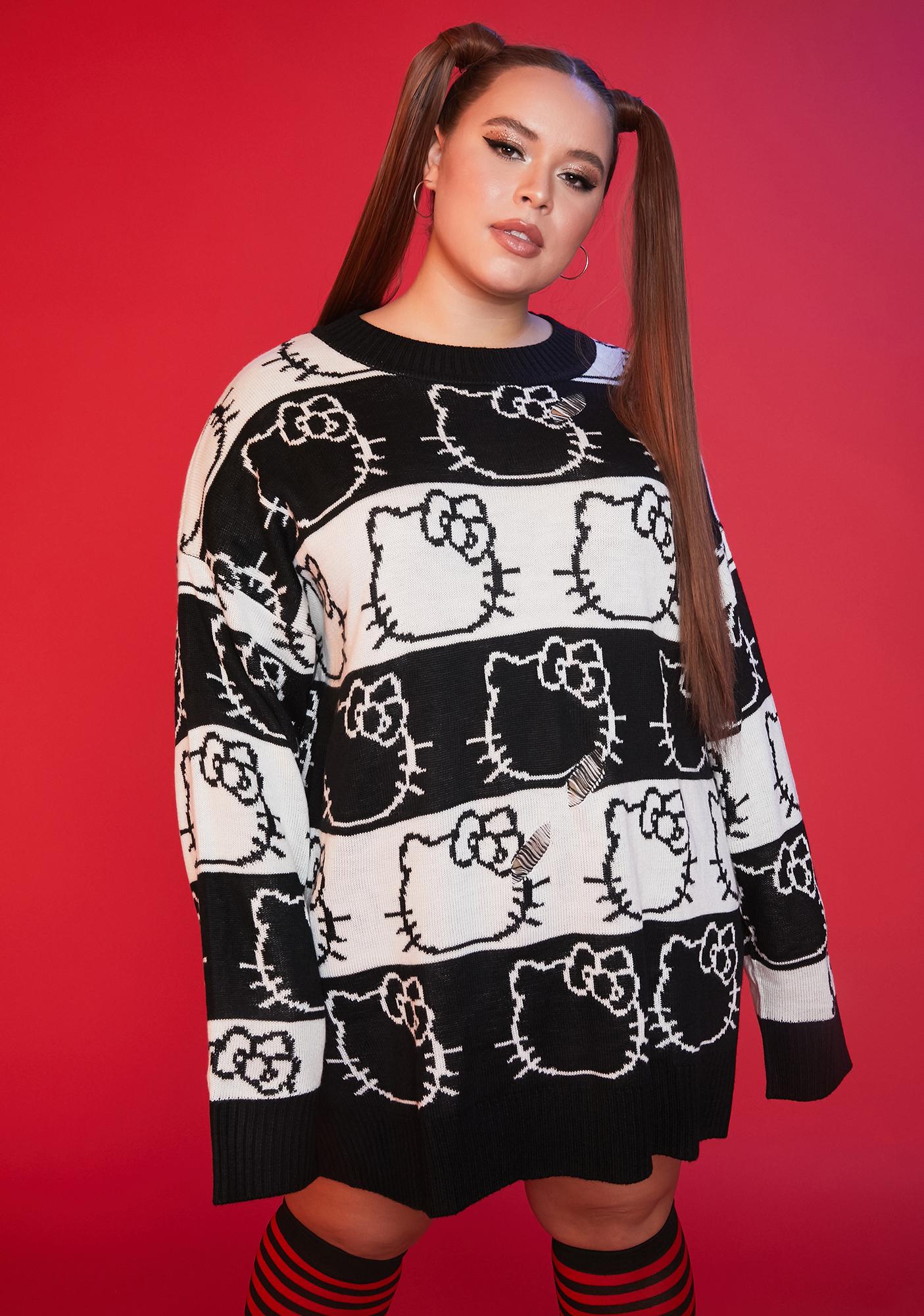 Plus Size Dolls Kill Hello Kitty Oversized Distressed Graphic Sweater Black White Dolls Kill