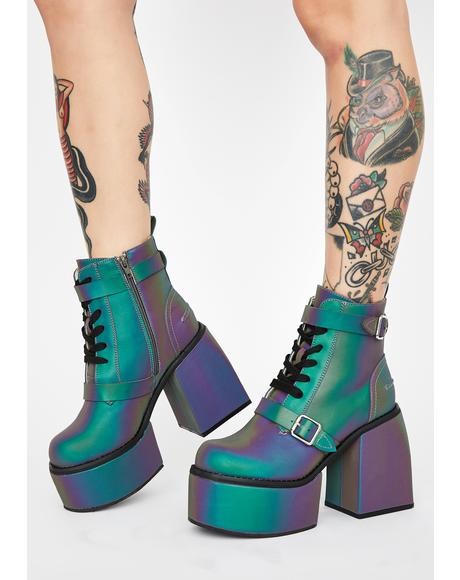 Demonia Shaker 52 Reflective Platform Ankle Boots - Gray | Dolls Kill