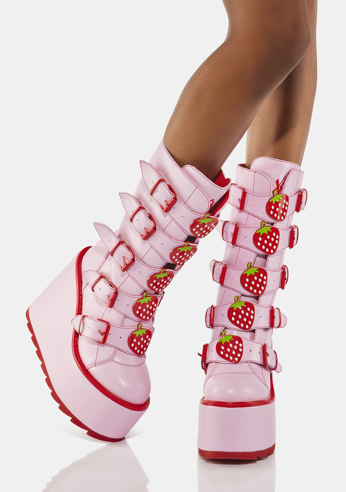 YRU Strawberry Platform Boots - PinkRed | Dolls Kill