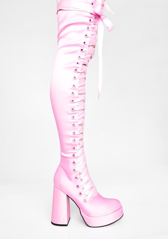 Sugar Thrillz Pink Ribbon Lace-Up Thigh High Boots | Dolls Kill