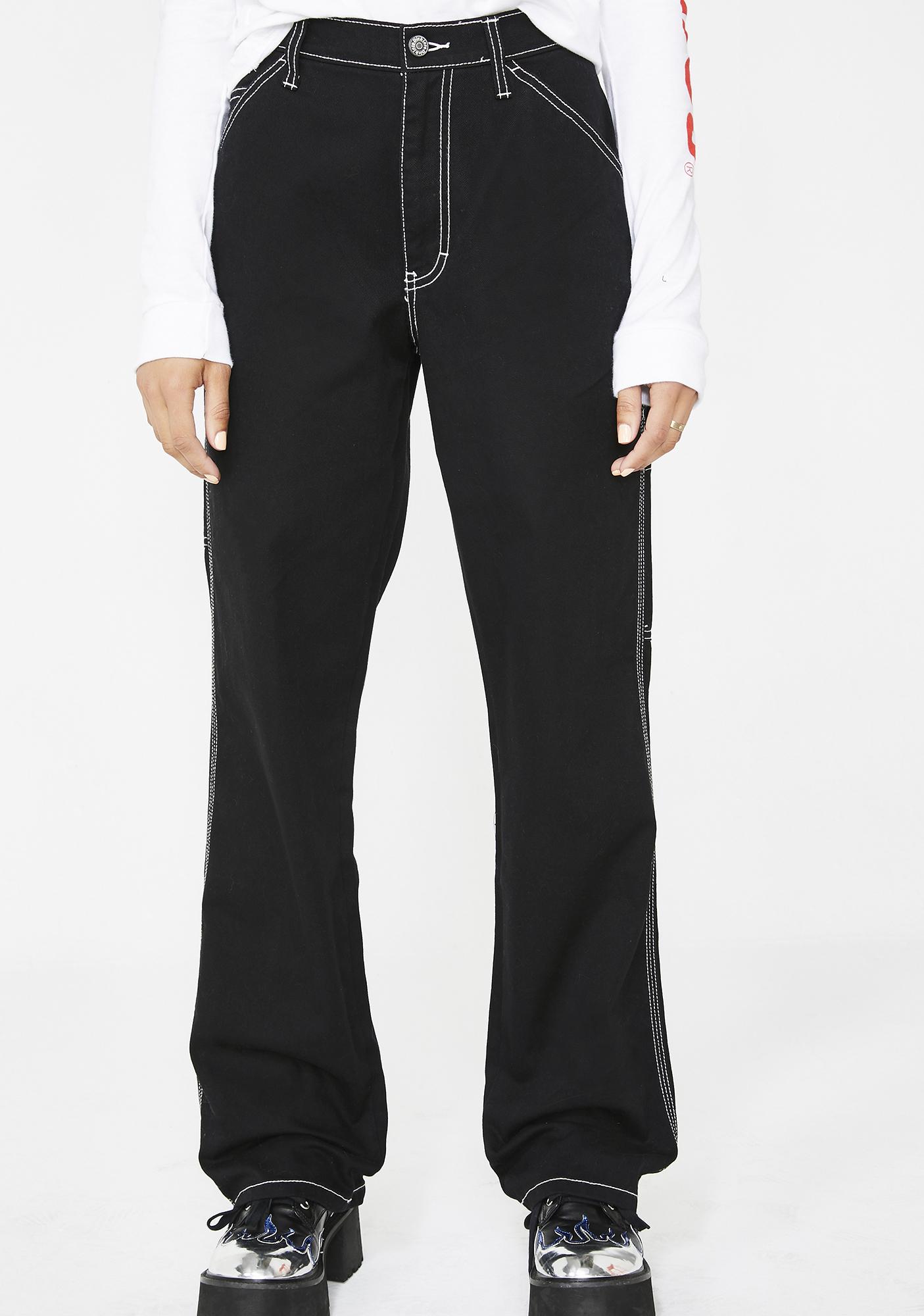 dickies black carpenter pants with white contrast stitching