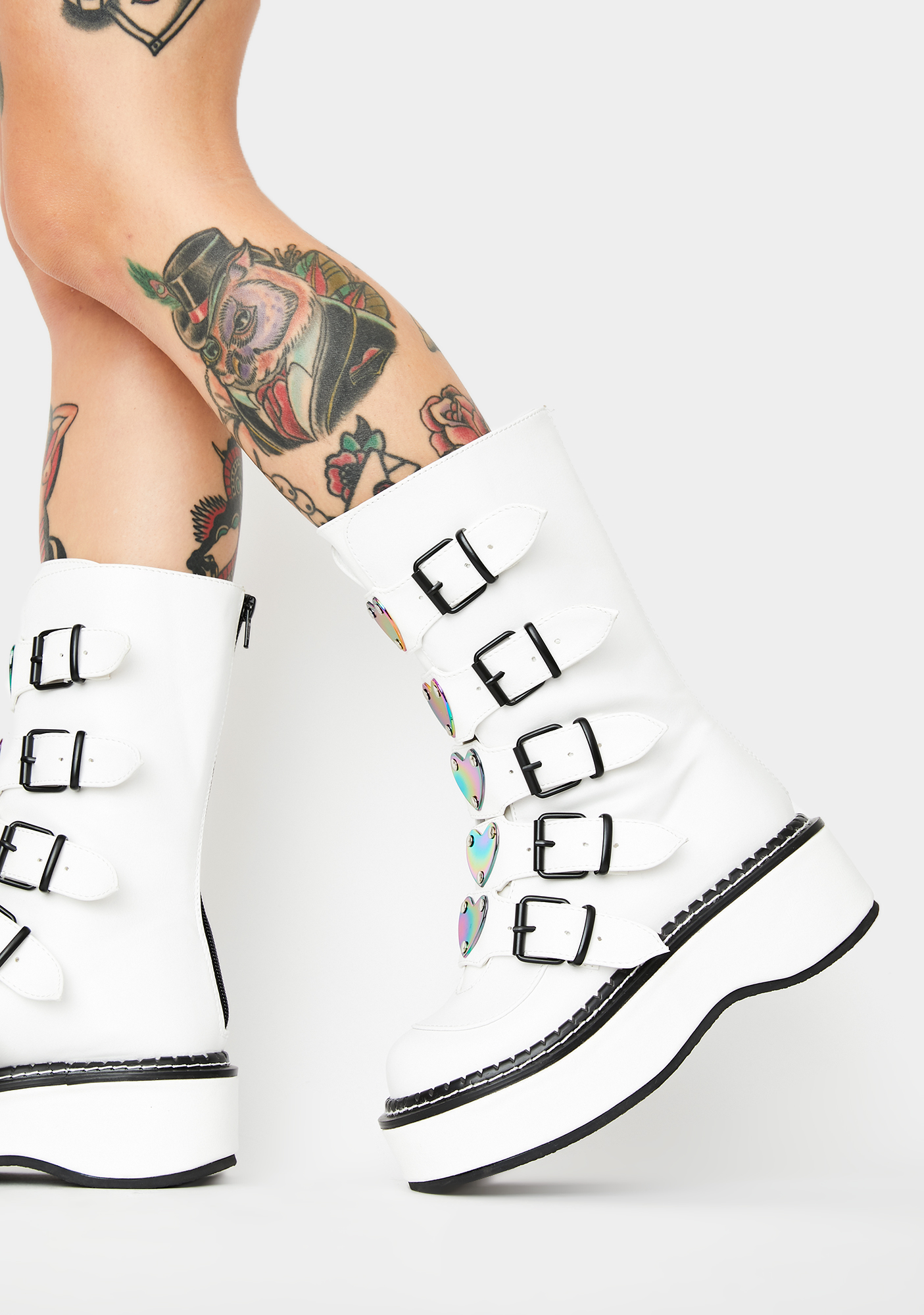 Demonia Oil Slick Iridescent Heart Buckle Platform Boots White Dolls Kill