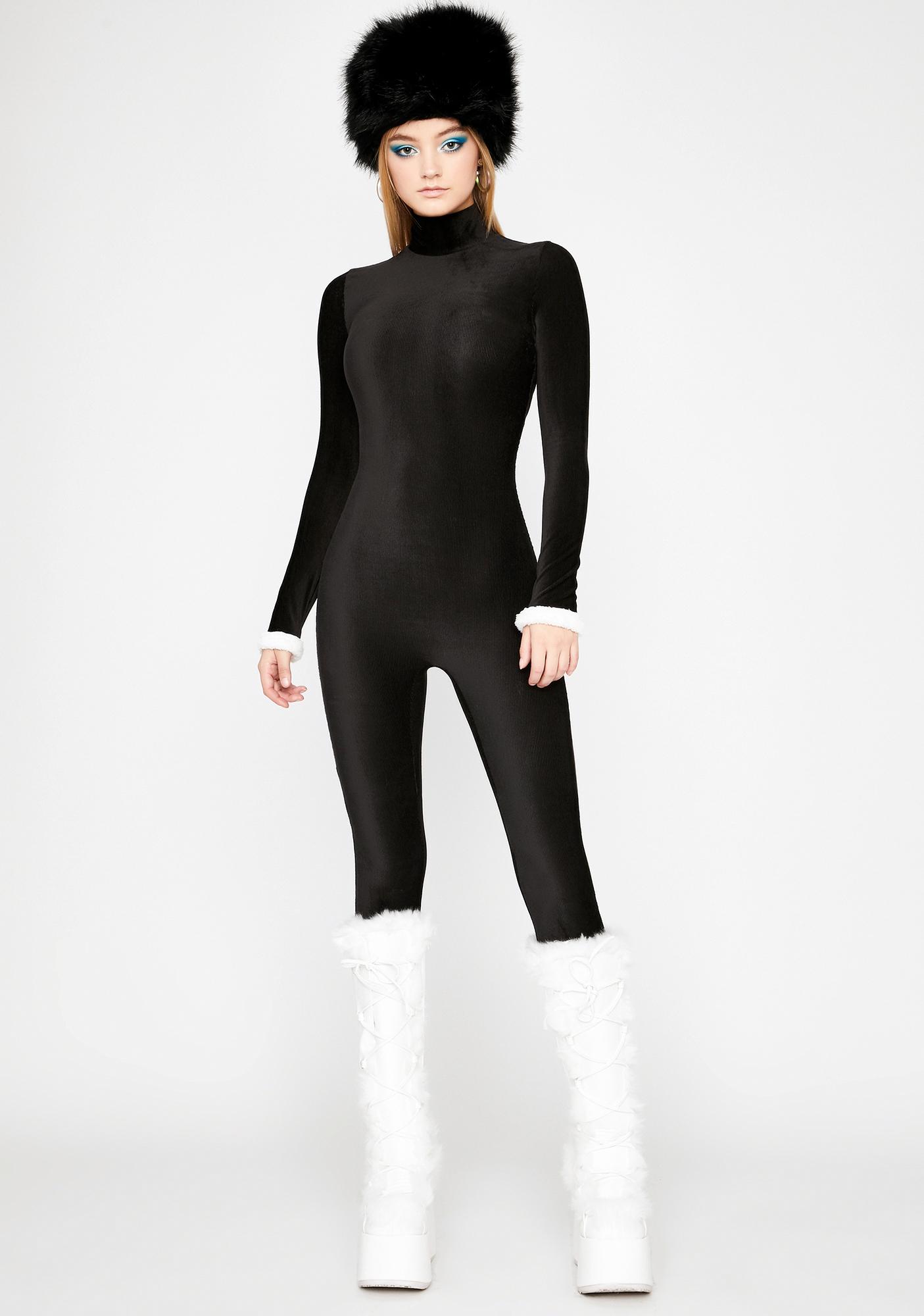 Black Ribbed Long Sleeve Mock Neck Catsuit Jumpsuit Stretchy | Dolls Kill