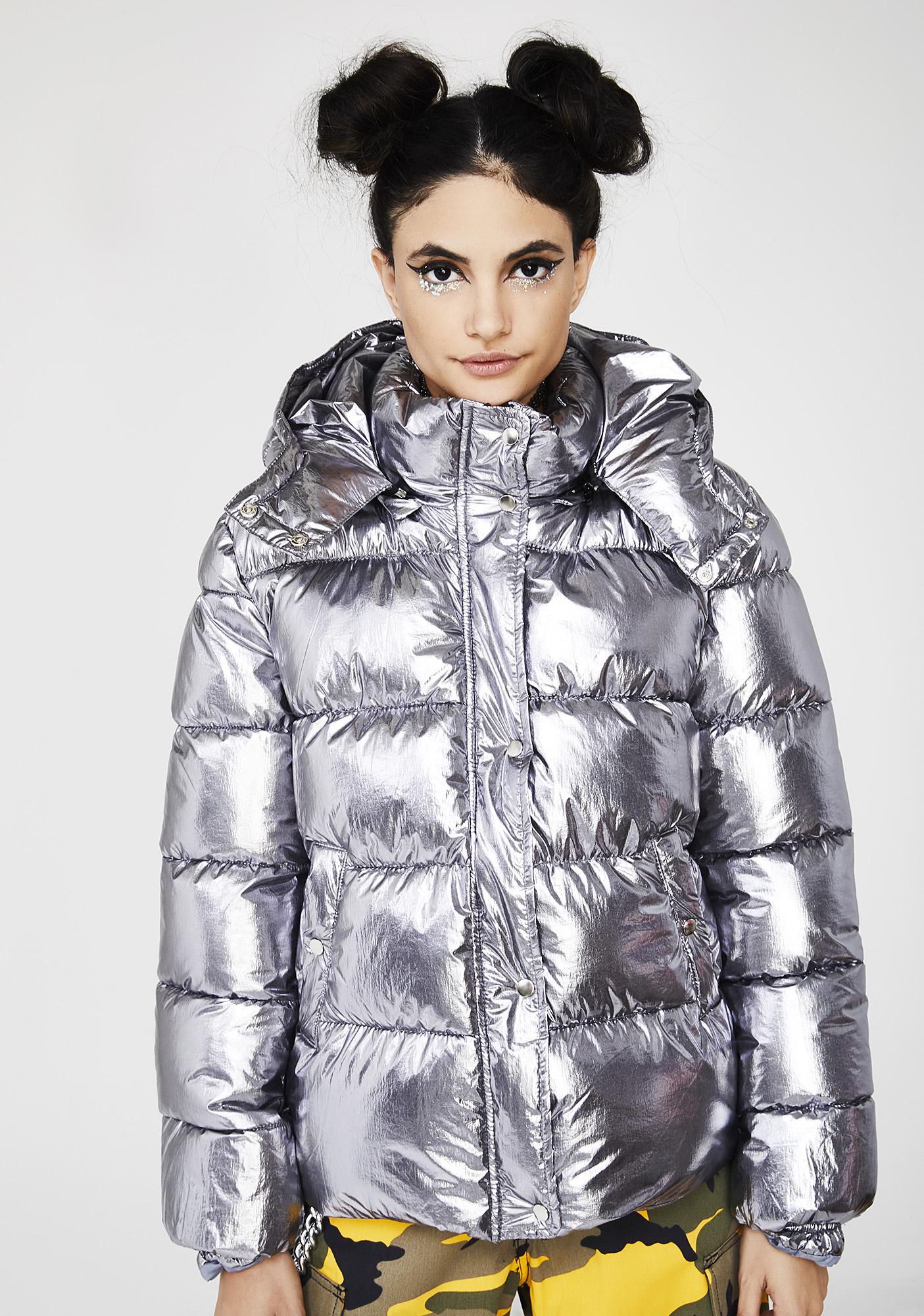 HAHASOLE Women Metallic Puffer Jacket Quilted Cropped Winter Bomber ...