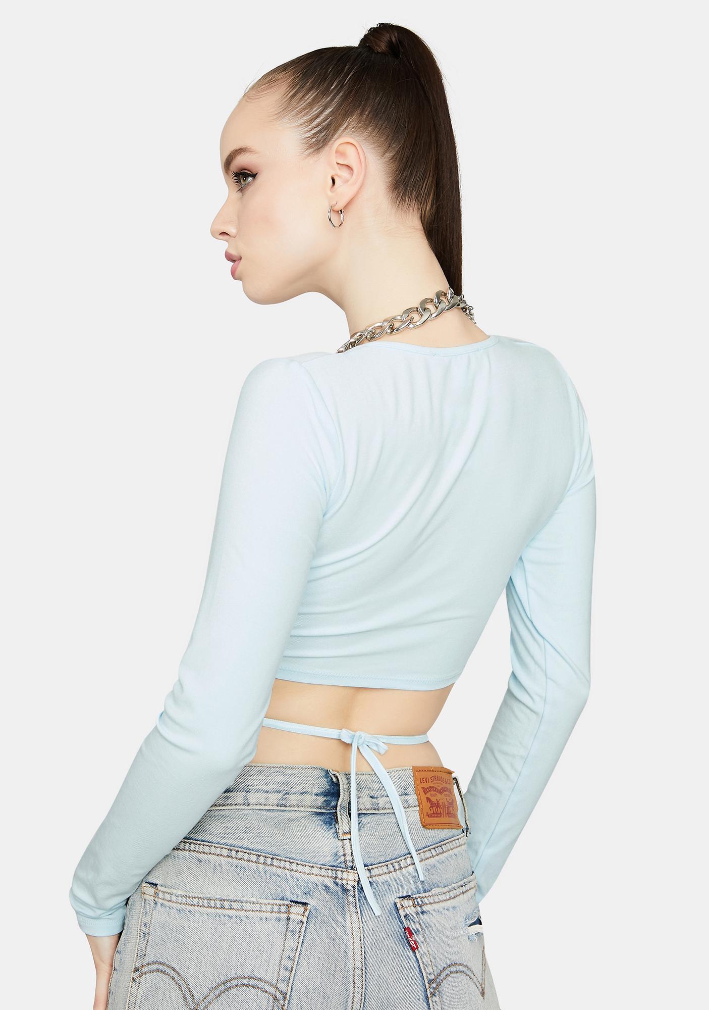 Keyhole Long Sleeve Wrap Tie Crop Top Baby Blue Dolls Kill