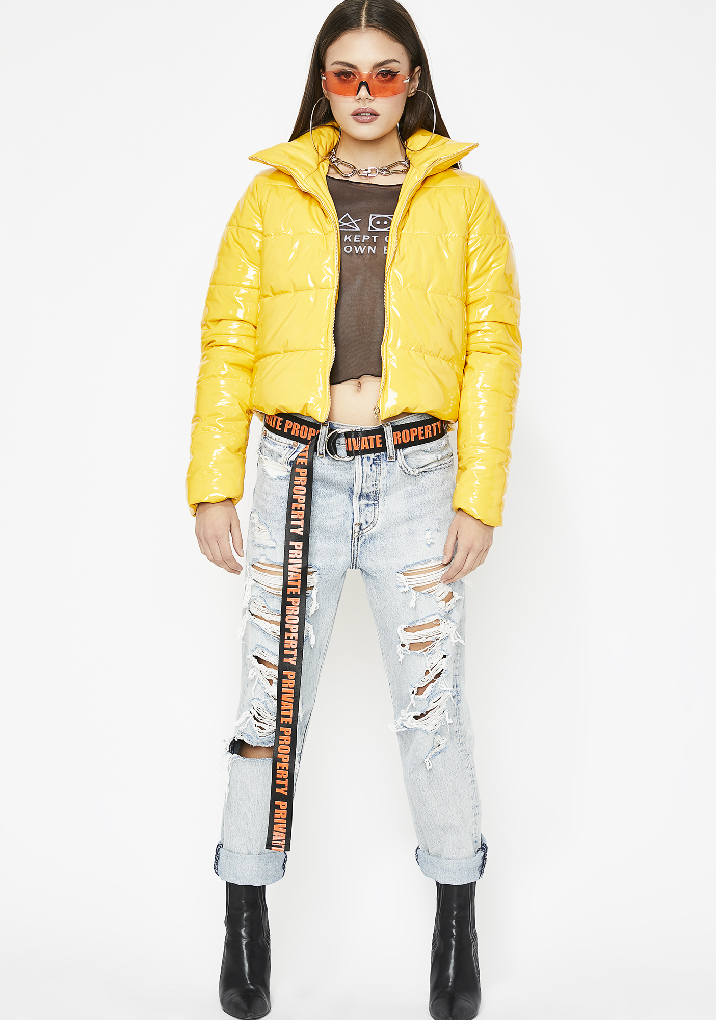 yellow vinyl puffer jacket