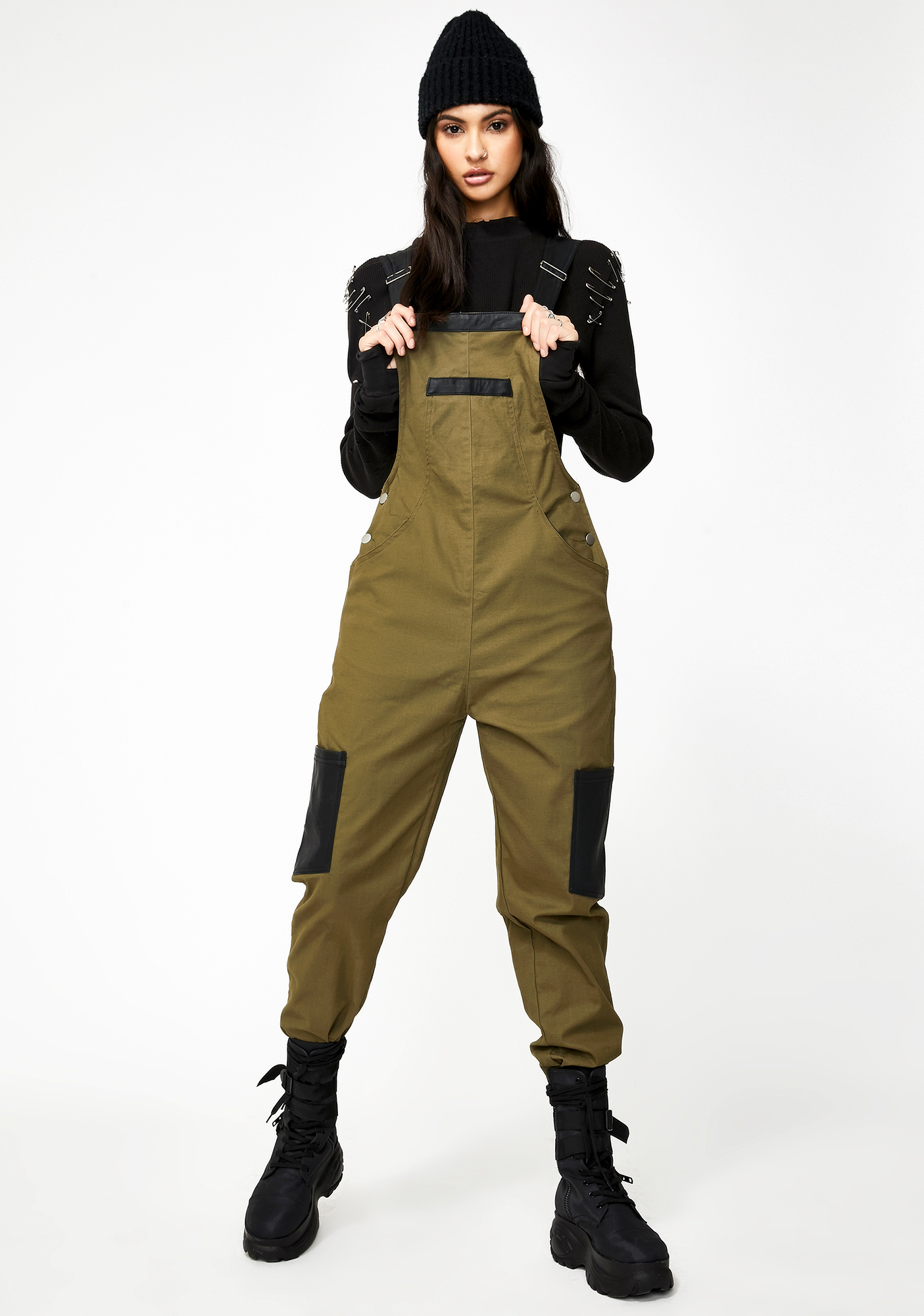 Club Exx Unisex Olive Colorblock Cargo Overalls | Dolls Kill