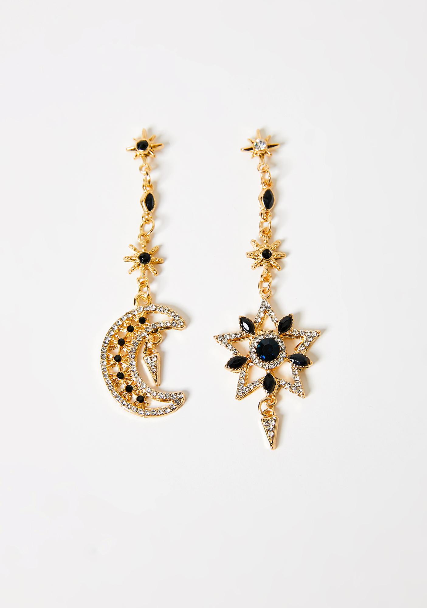 Celestial Cosmic Moon Star Rhinestone Drop Dangle Earrings Gold | Dolls ...