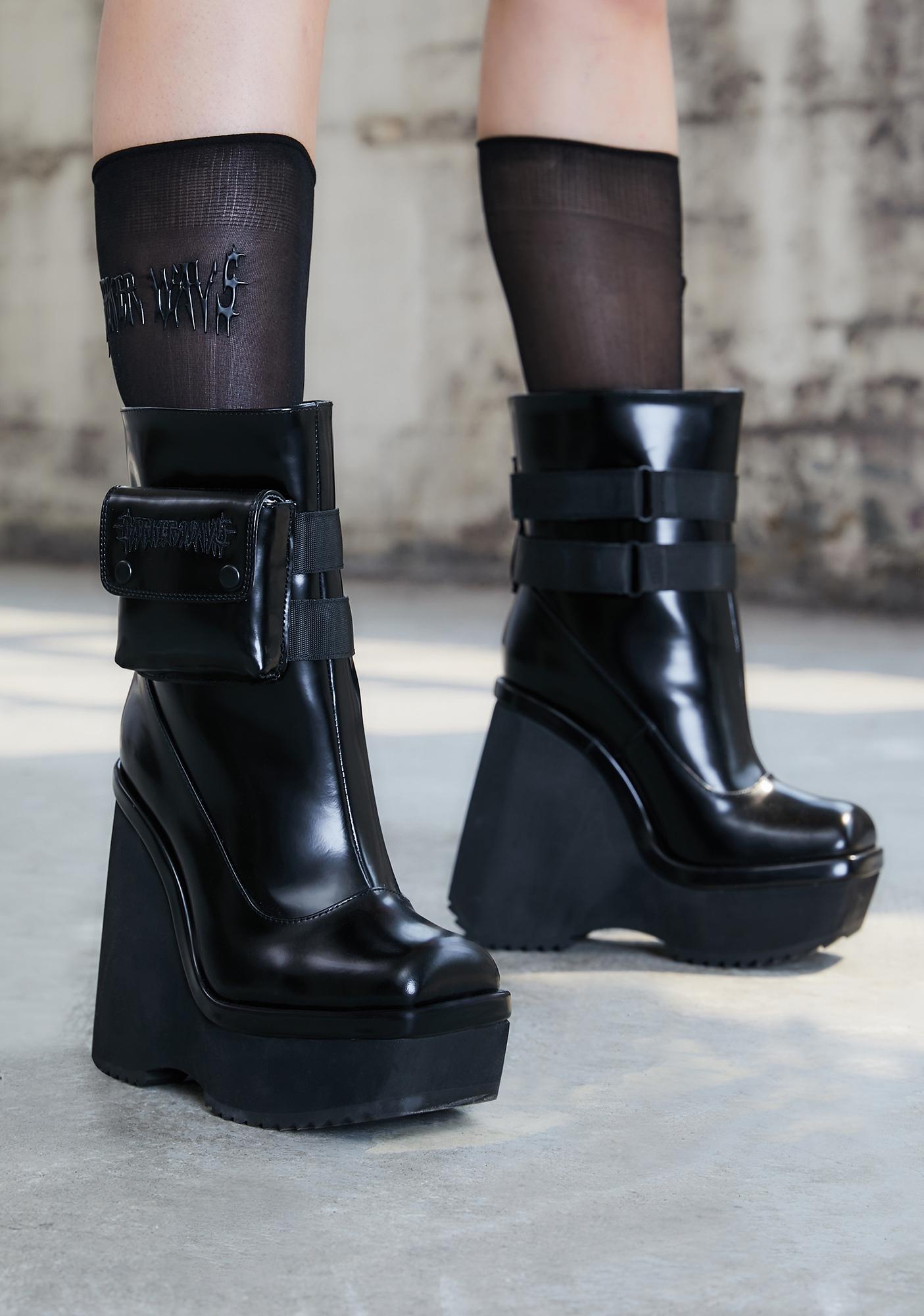 Darker Wavs Leather Pocket Platform Wedge Boots - Black | Dolls Kill