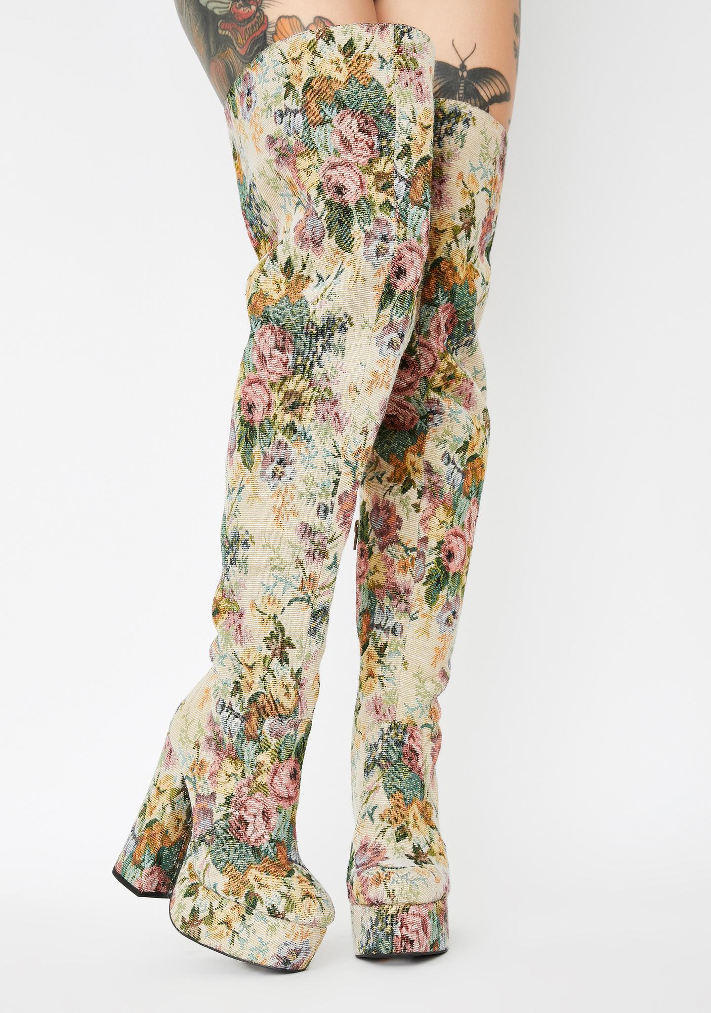 floral print thigh high boots