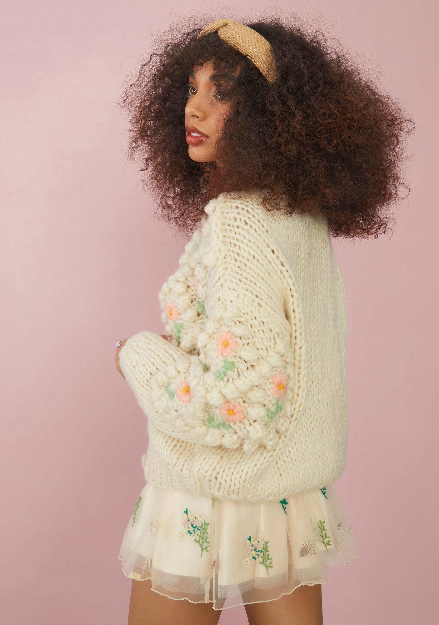 Sugar Thrillz Floral Knit Cardigan With Pom Poms | Dolls Kill