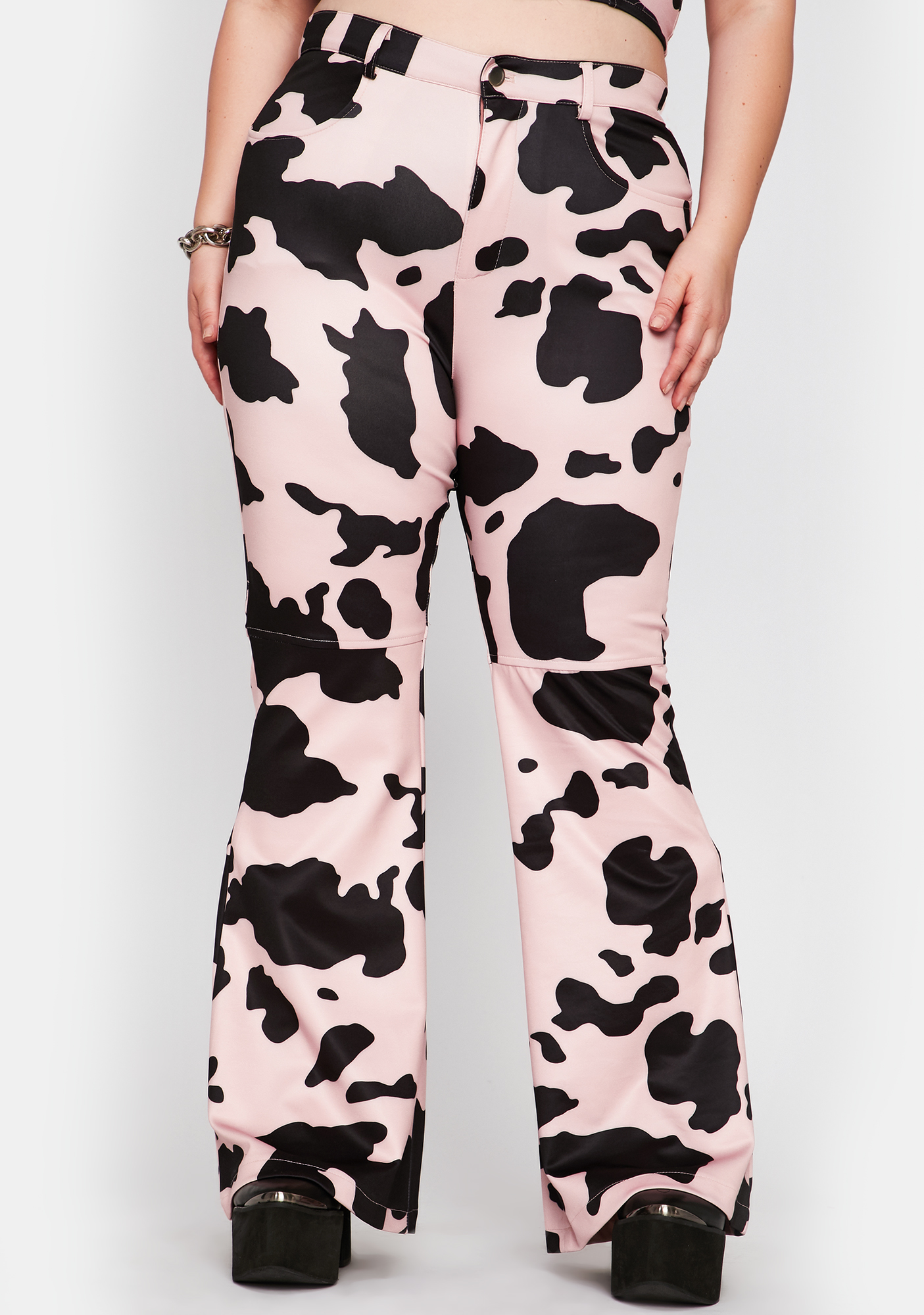 Plus Size Cow Print High Rise Pants Black Pink Dolls Kill