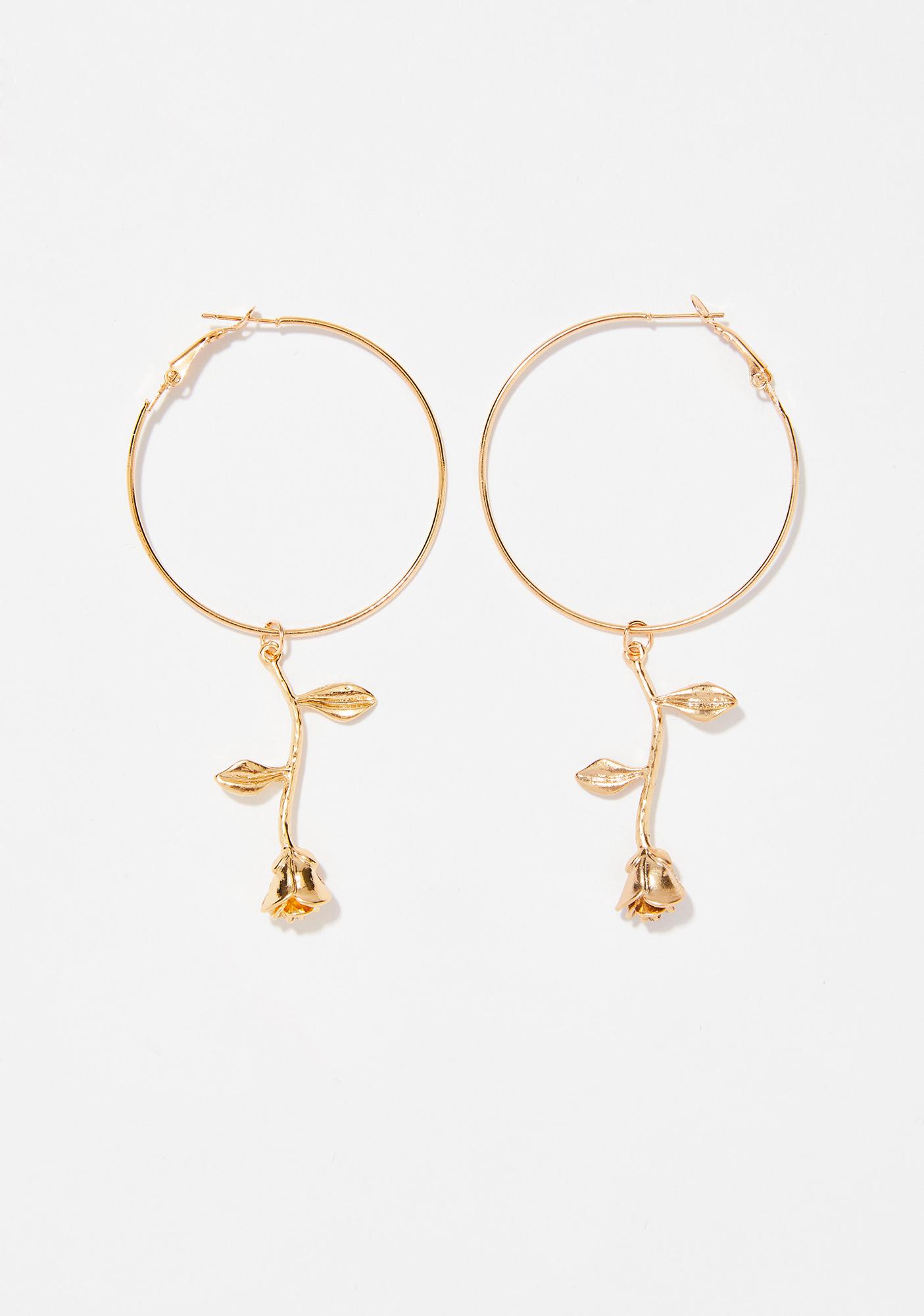 Gold Dangle Rose Hoop Earrings Dolls Kill Enchanted Rose Hoop Earrings