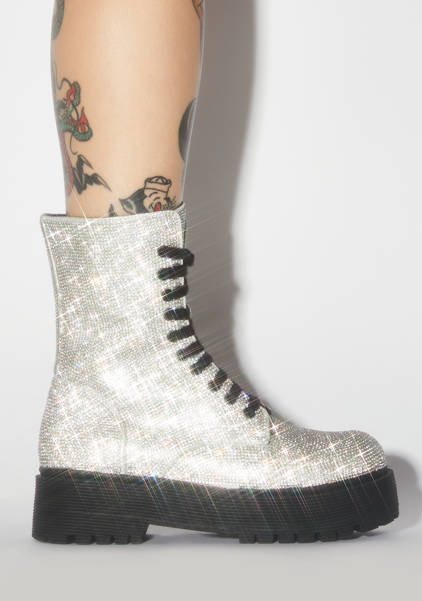 Poster Grl Diamond Duchess Bling Combat Ankle Rhinestone Boots Silver 