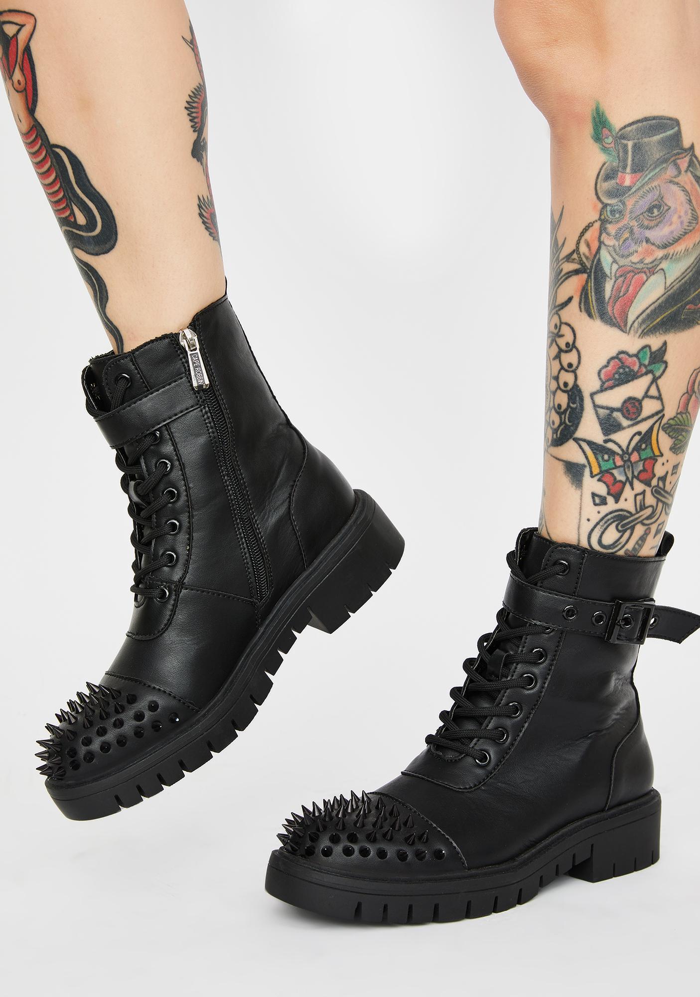 Studded Buckle Lace Up Combat Boots Black Dolls Kill