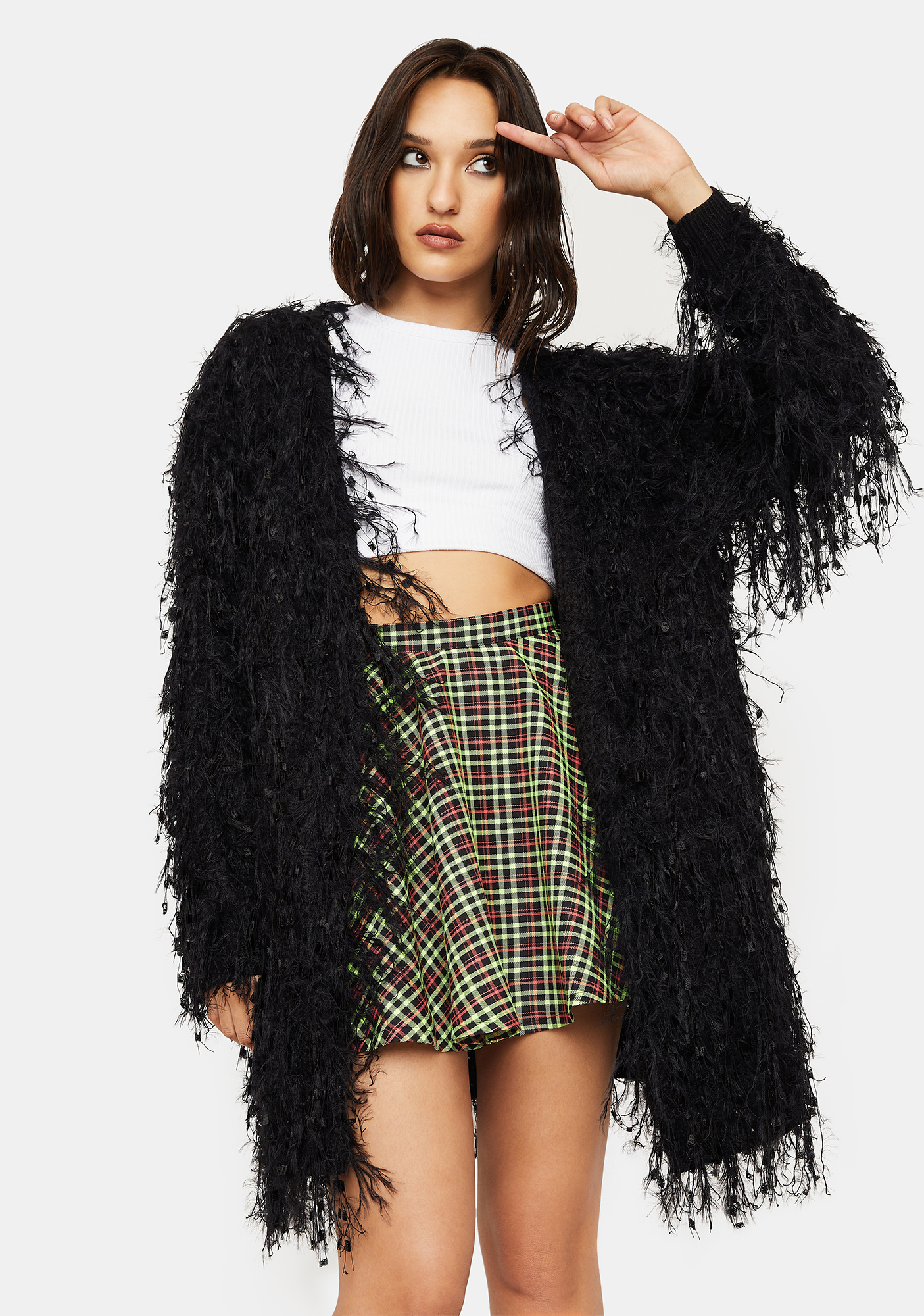 Open Front Long Fuzzy Fringe Cardigan - Black | Dolls Kill