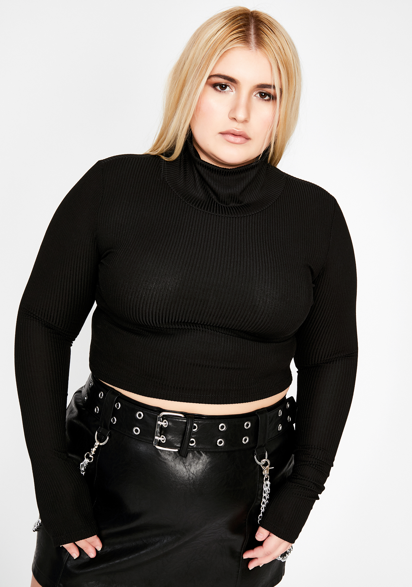 Plus Size Ribbed Long Sleeve Turtleneck Crop Top Black Dolls Kill