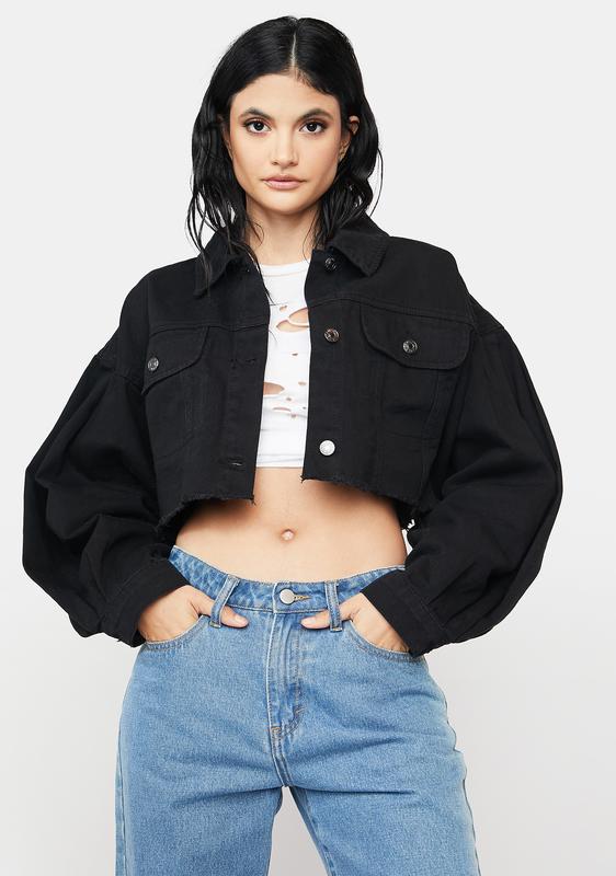 distressed cropped denim jacket black