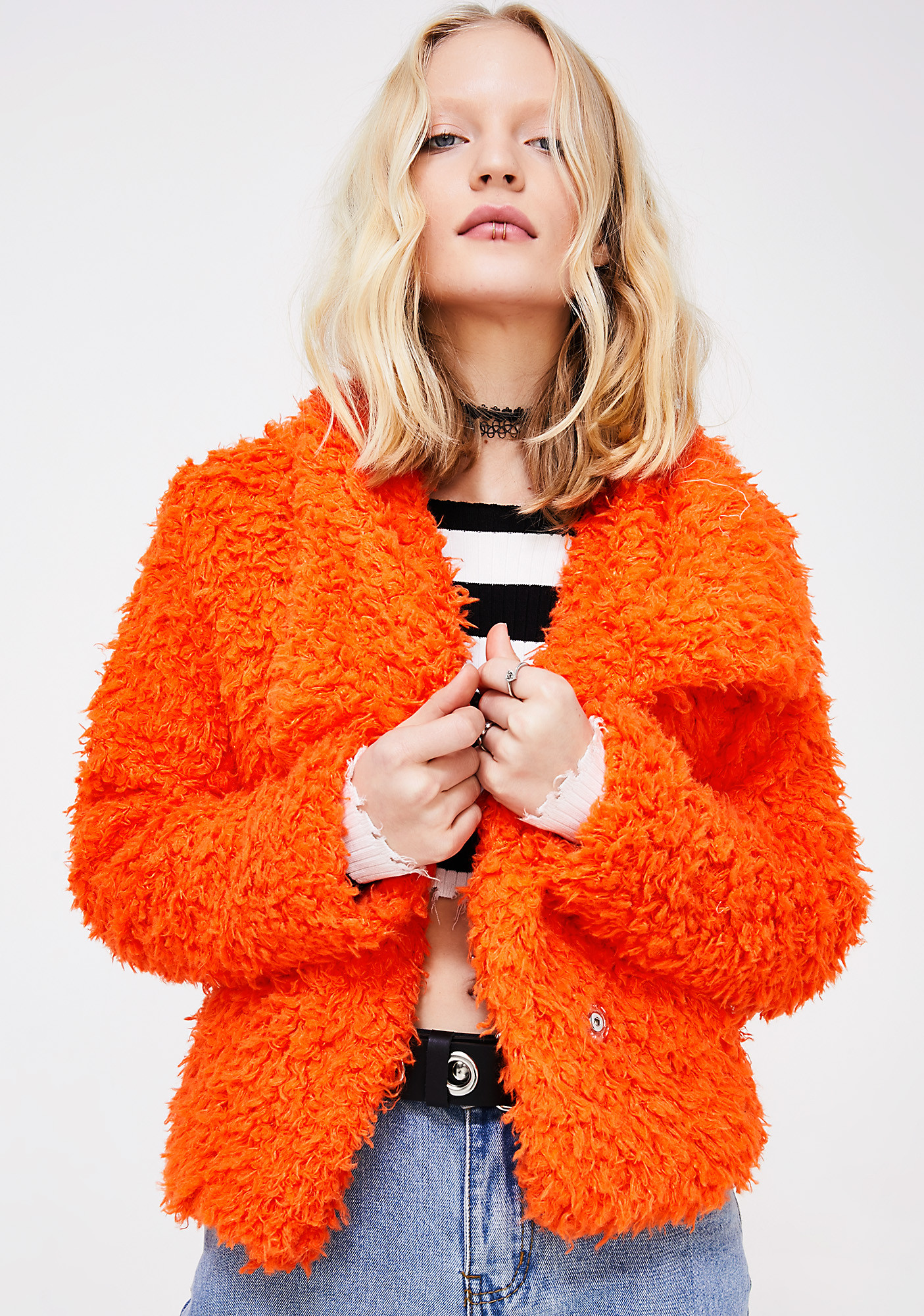 orange fuzzy jacket