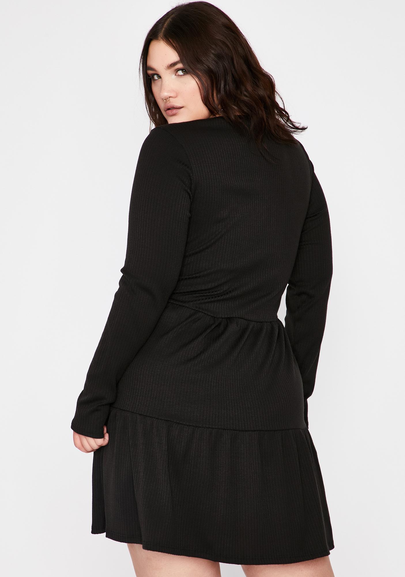 Plus Size Long Sleeve Tiered Babydoll Mini Dress Black | Dolls Kill