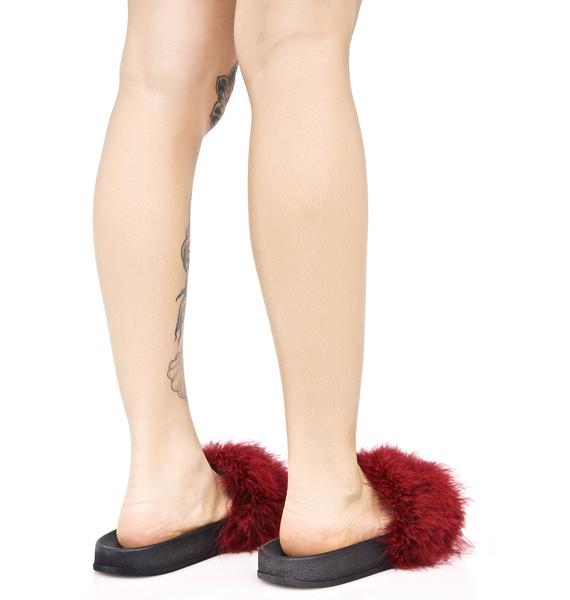 burgundy fluffy sliders