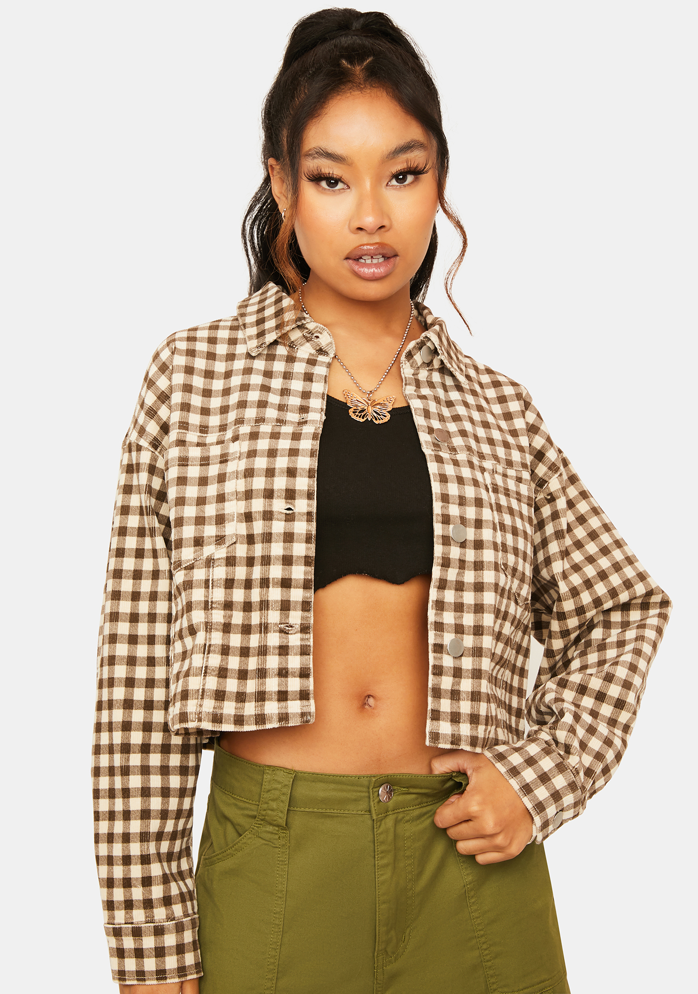 Gingham Collared Cropped Boxy Jacket Brown | Dolls Kill