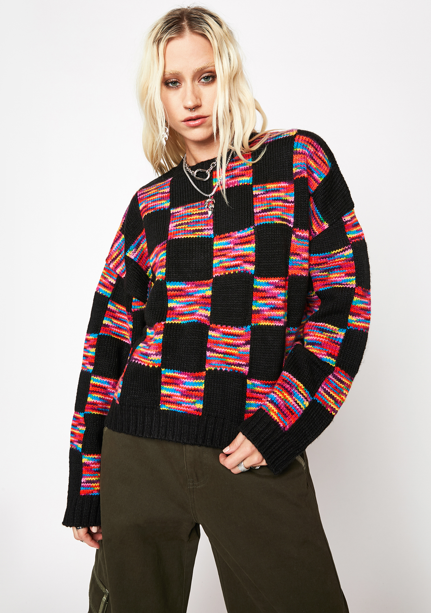 The Ragged Priest Checkered Long Sleeve Knit Sweater - Multi | Dolls Kill