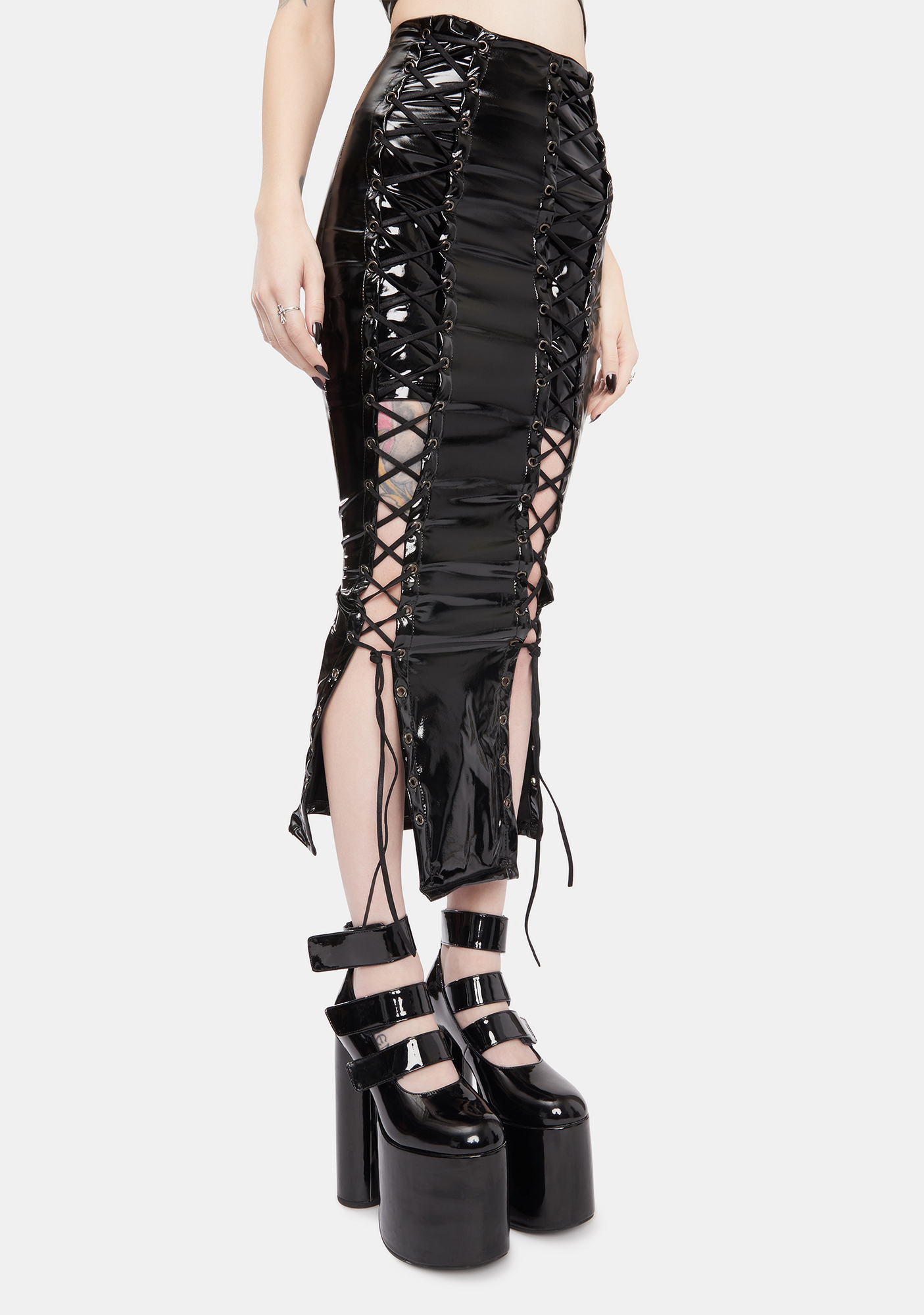 Kiki Riki Patent Lace Up Midi Skirt Black Dolls Kill