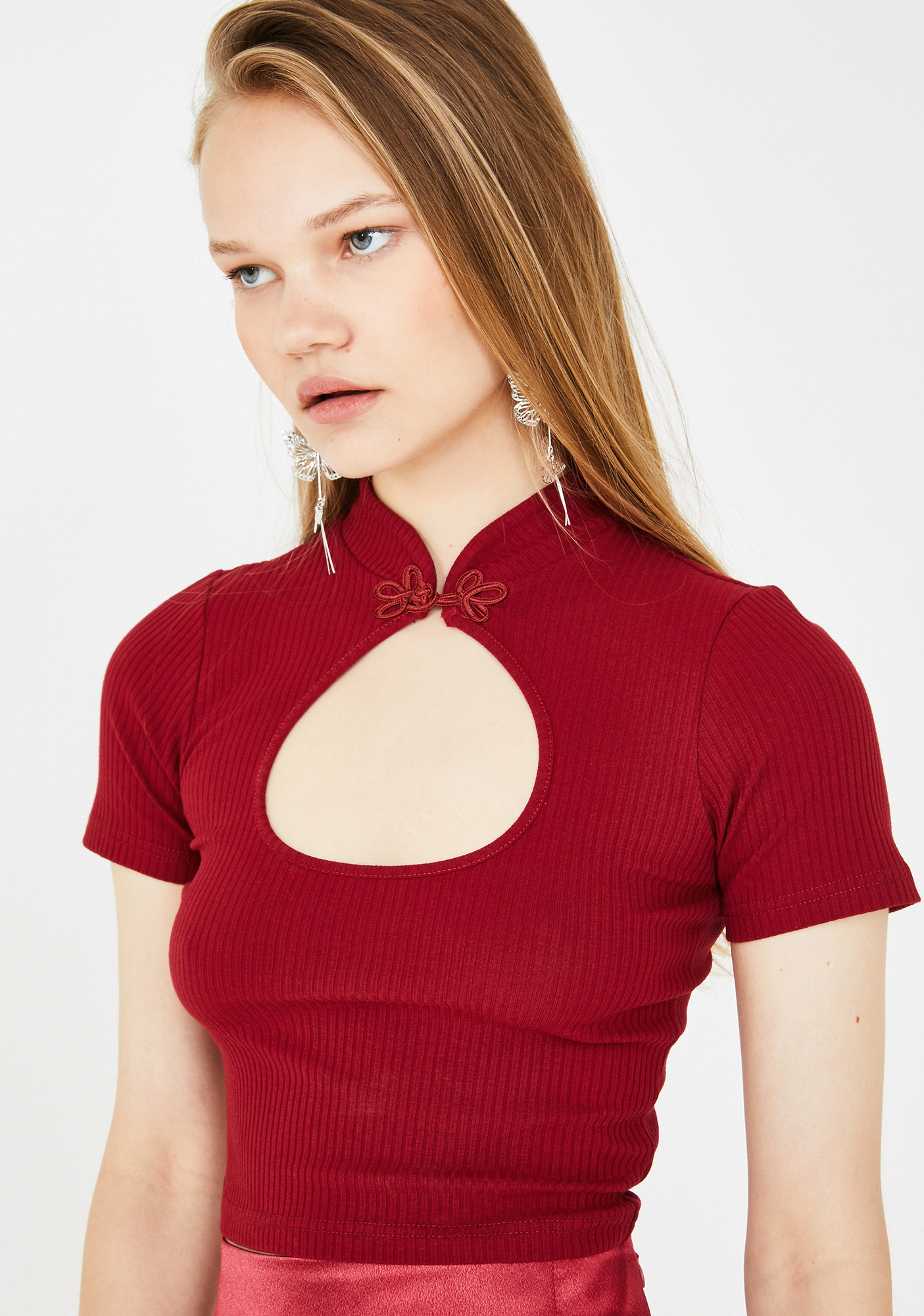 Delia's Cut Out Mandarin Collar Crop Top Dolls Kill