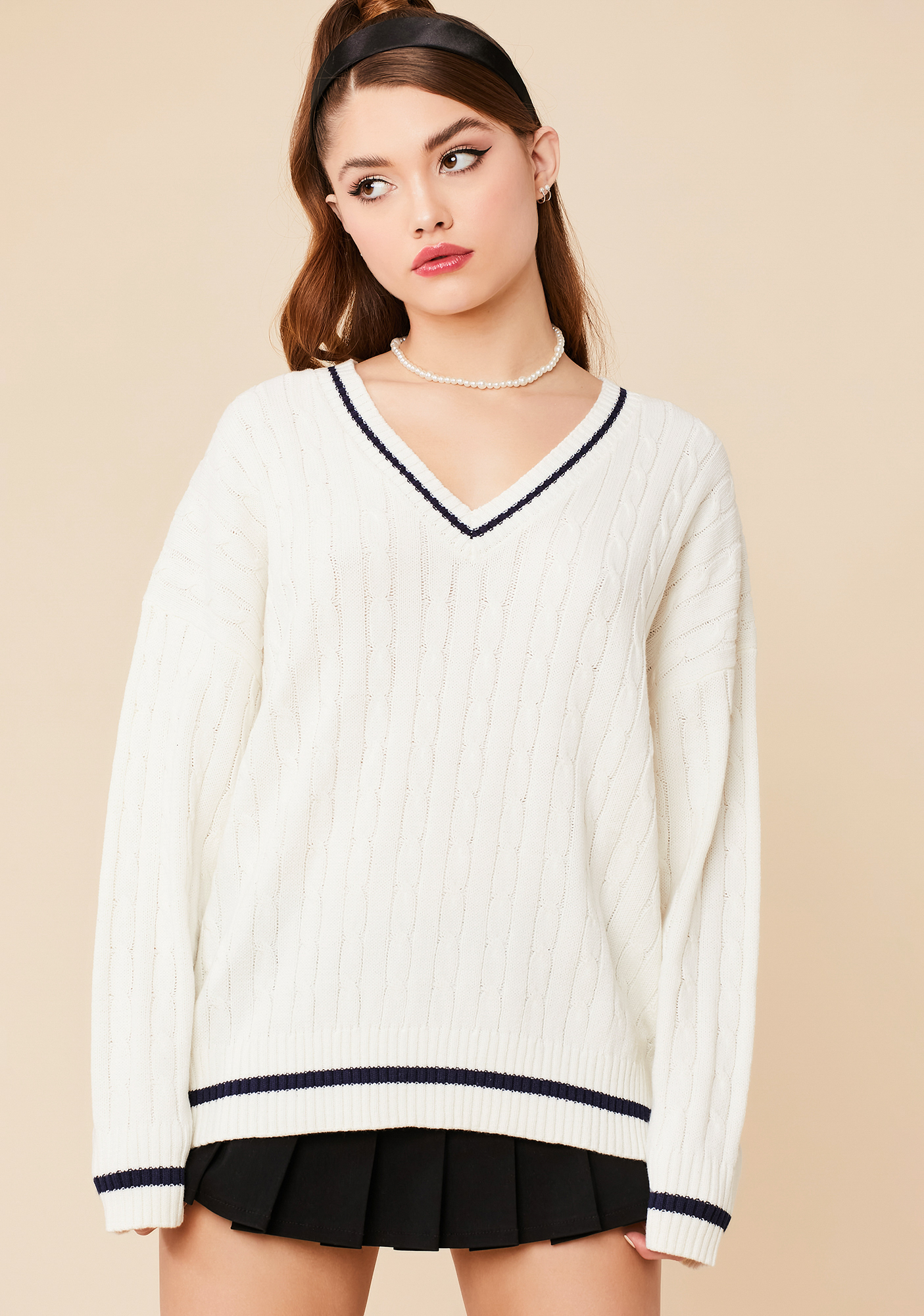 Stripe Accent Chunky Knit VNeck Sweater White Dolls Kill