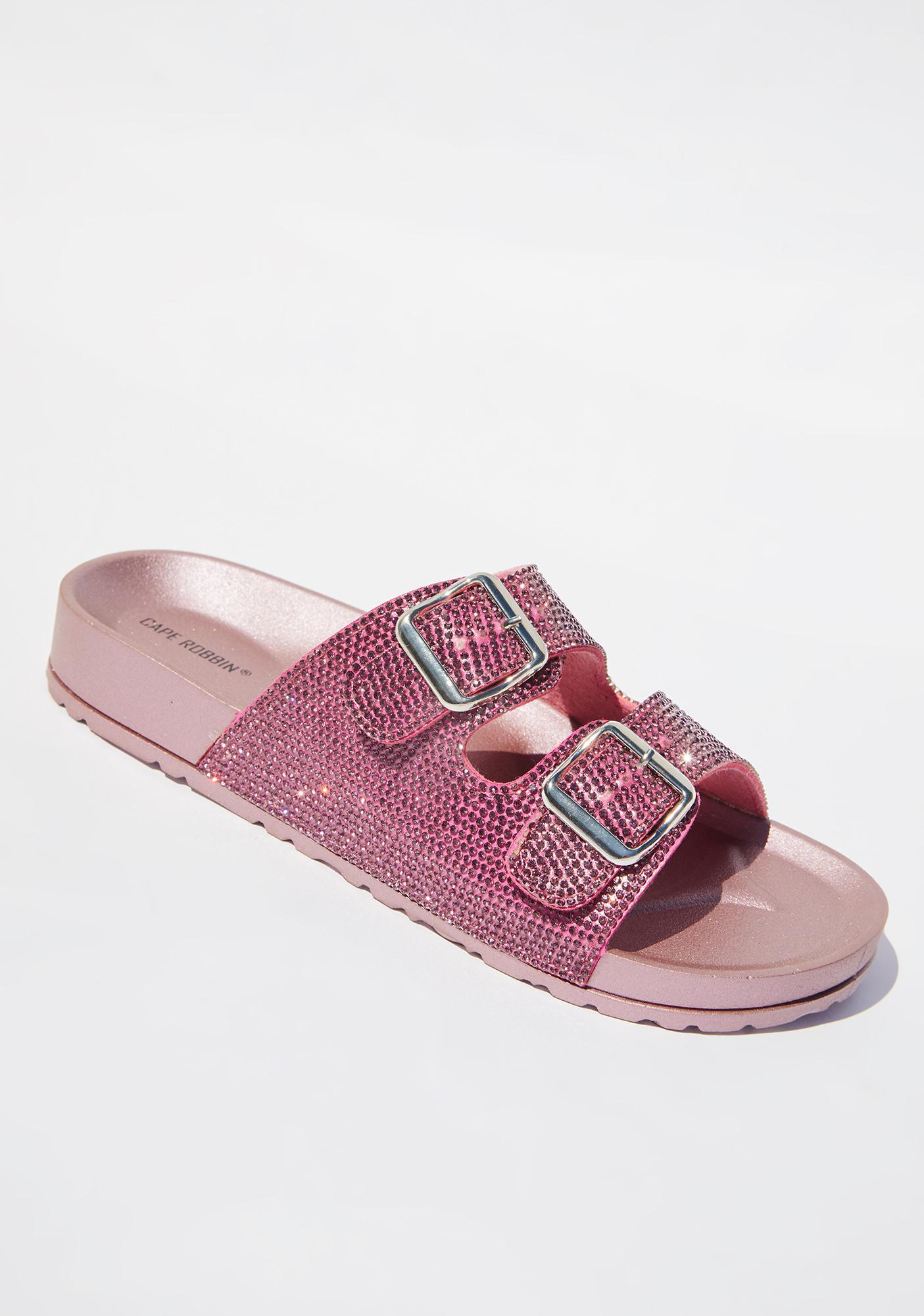 Rhinestone Buckle Strap Slide Sandals - Blush Pink | Dolls Kill
