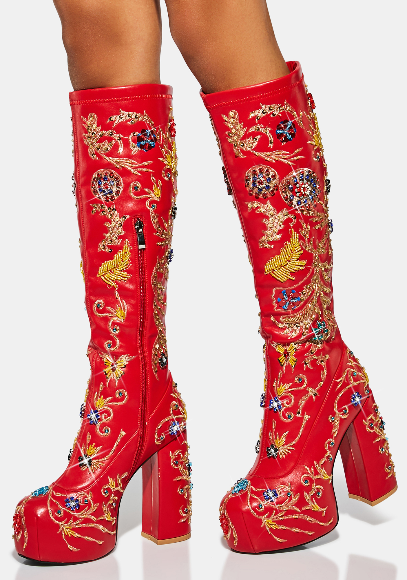 Azalea Wang Hand Beaded Knee High Boots - Red | Dolls Kill