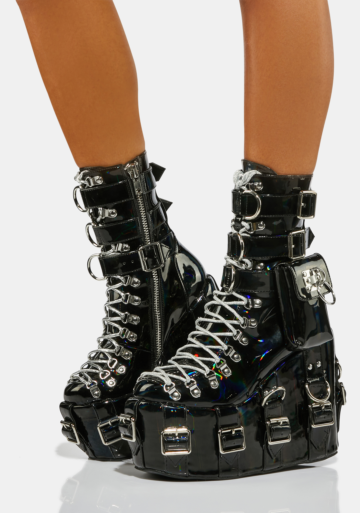 Club Exx Black Holographic Silver Buckle Traitor Boots Dolls Kill