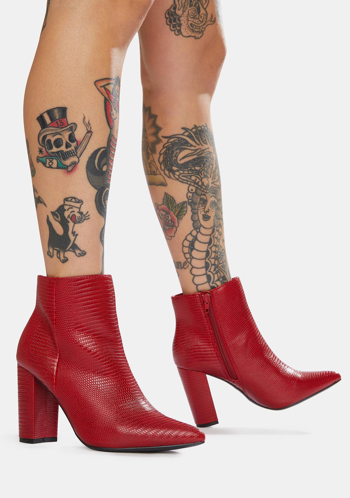 Shine Faux Leather Heeled Ankle Boots Red Dolls Kill