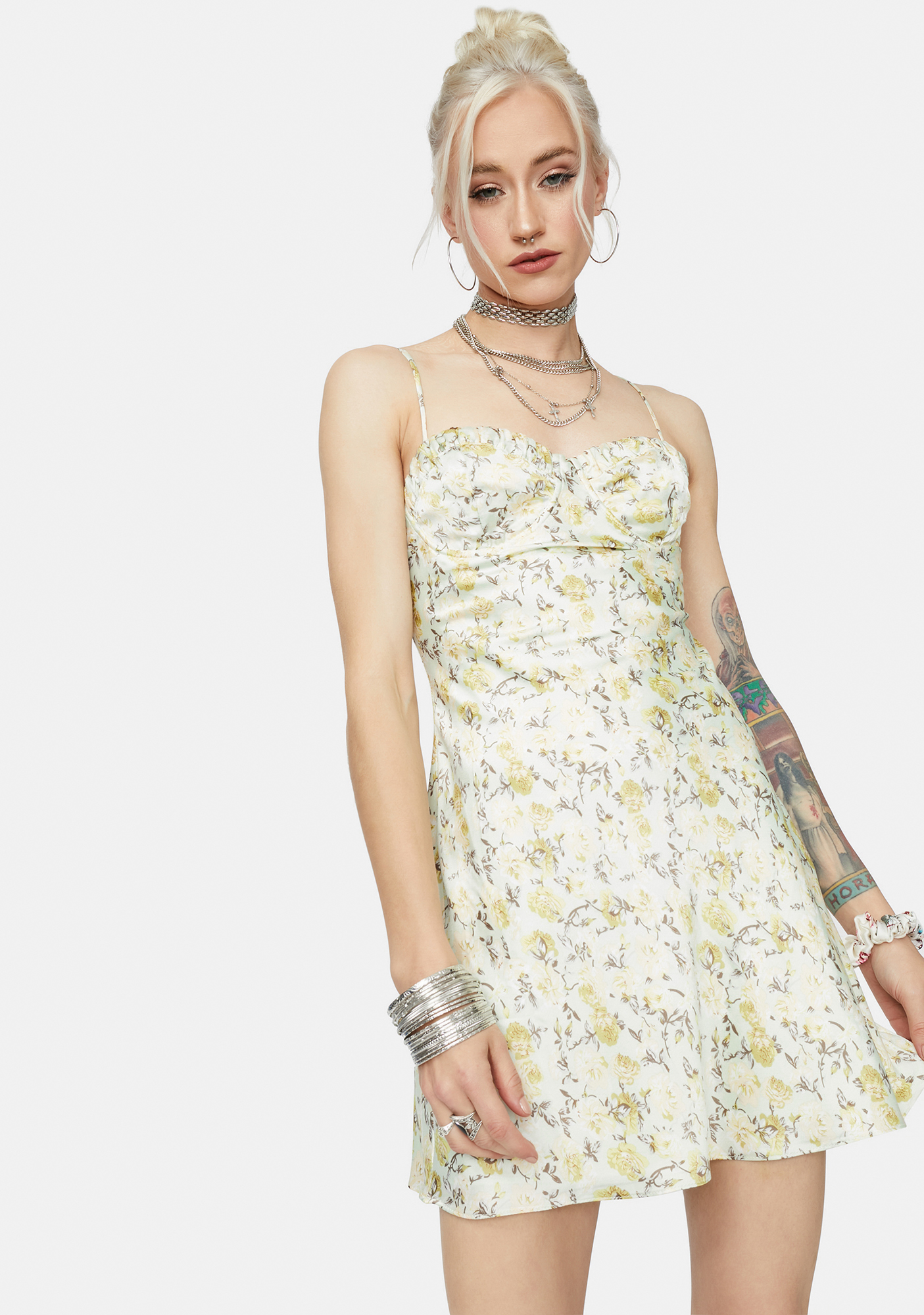 Floral Satin Fabric Mini Dress Yellow Dolls Kill