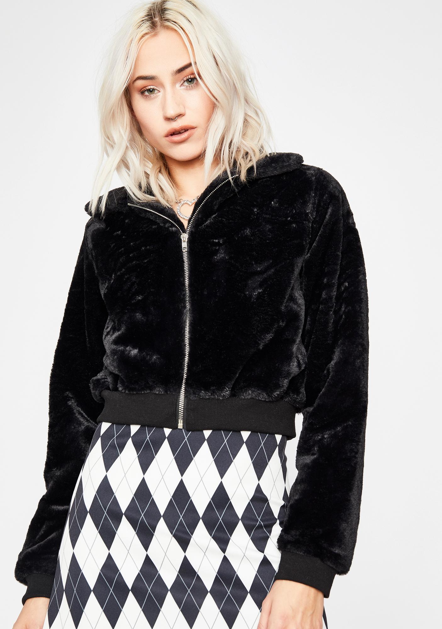 Collared Crop Faux Fur Jacket Black Dolls Kill