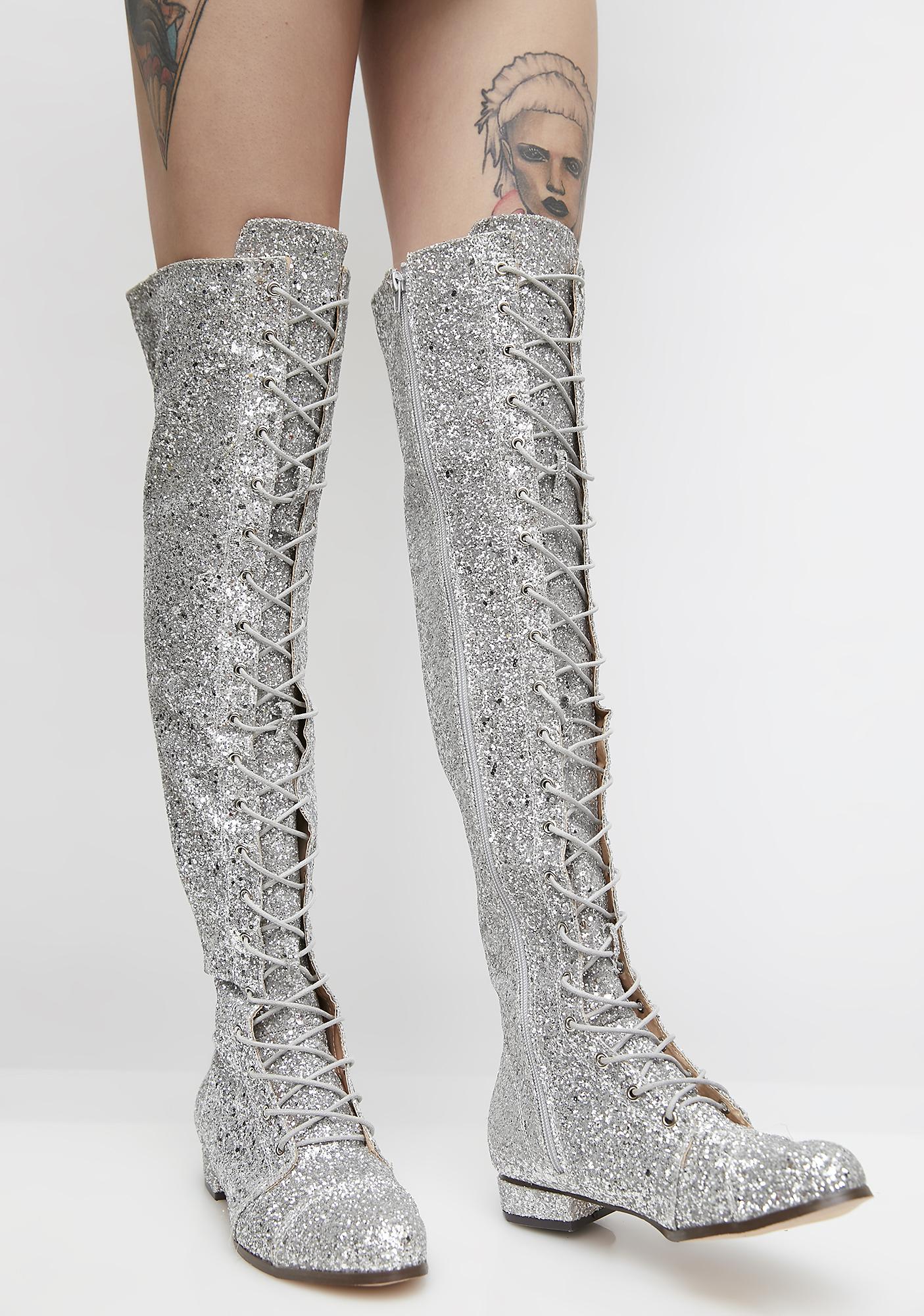 Lace Up Knee High Glitter Silver Boots 