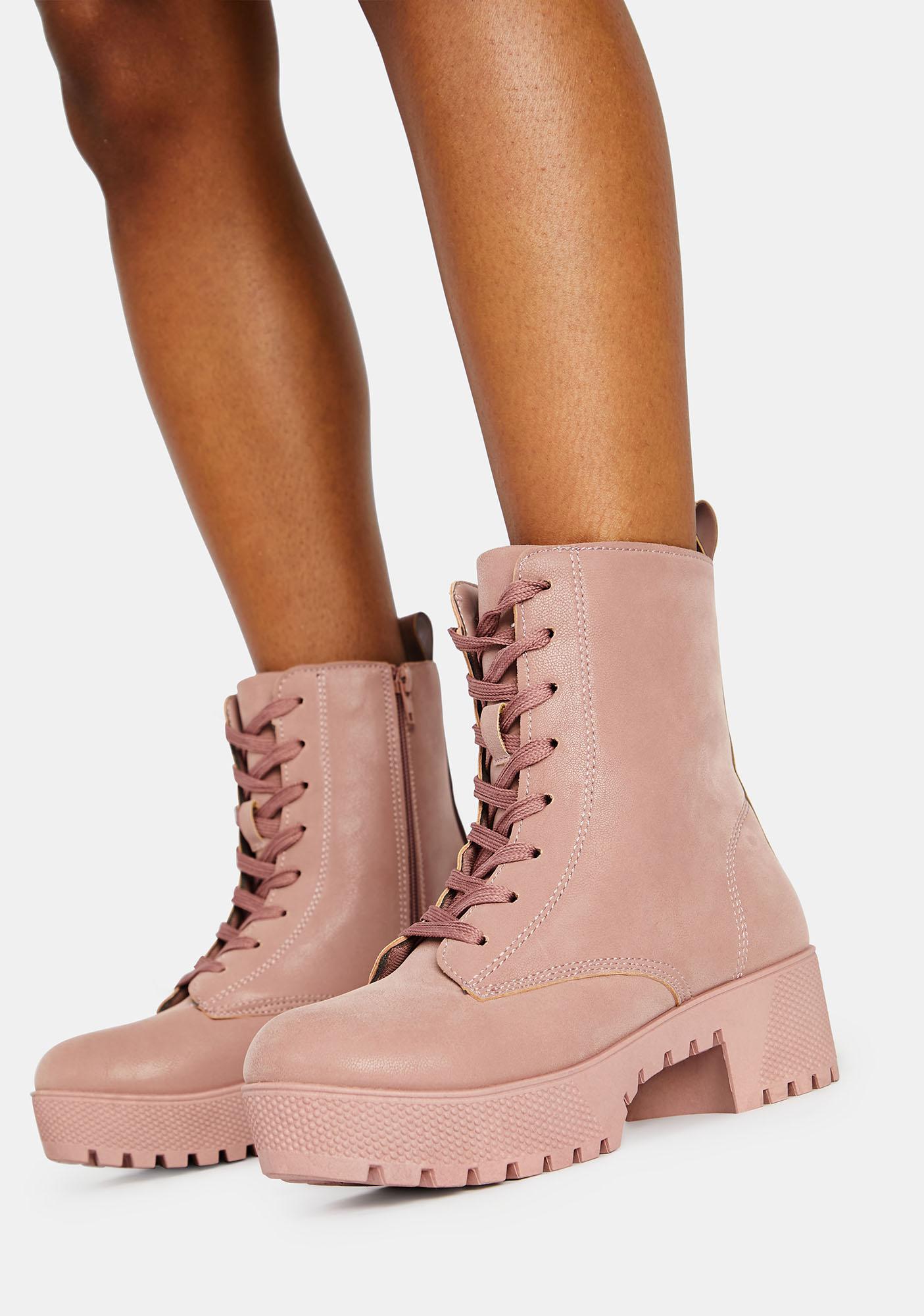 Lace Up Combat Boots - Pink Vegan 