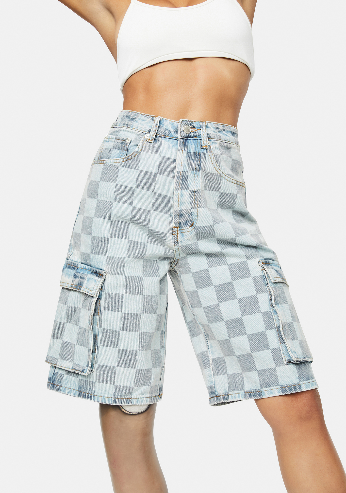 Checkered Denim Cargo Bermuda Shorts Dolls Kill
