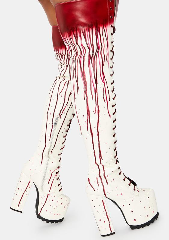 Halloween Dolls Kill Dripping Blood Thigh High Boots - Red/White 