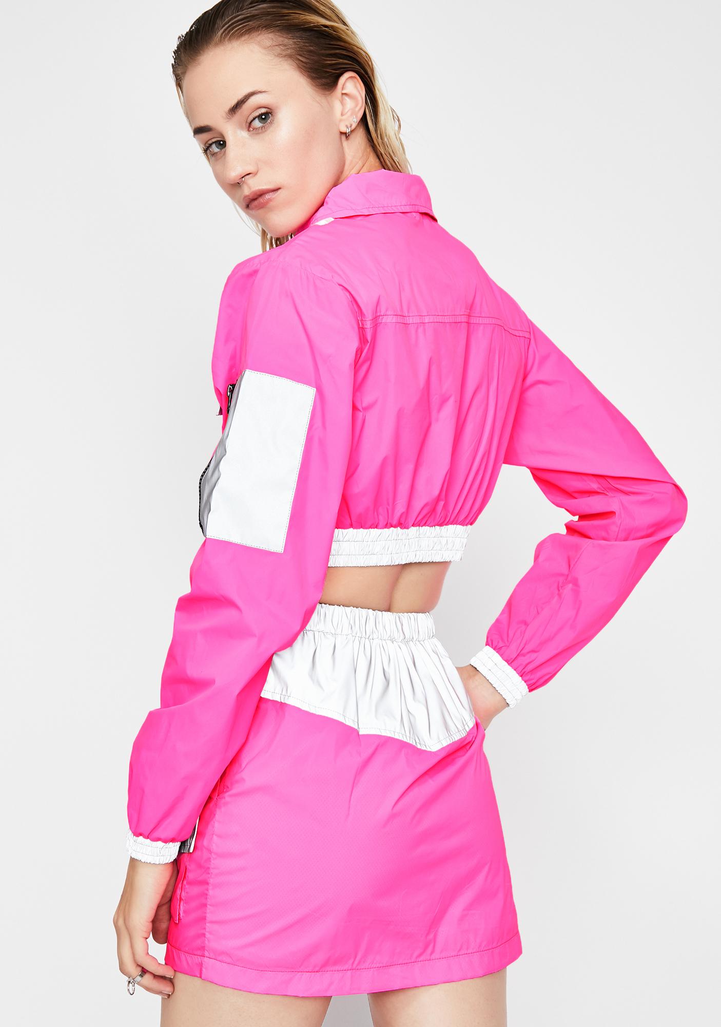 Neon Pink Reflective Cargo Jacket And Skirt Set | Dolls Kill
