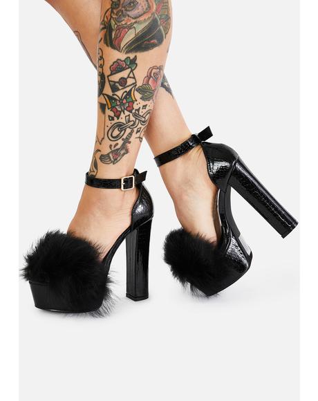 Fabulicious White Marabou Trim Peep Toe Mule Heels | Dolls Kill