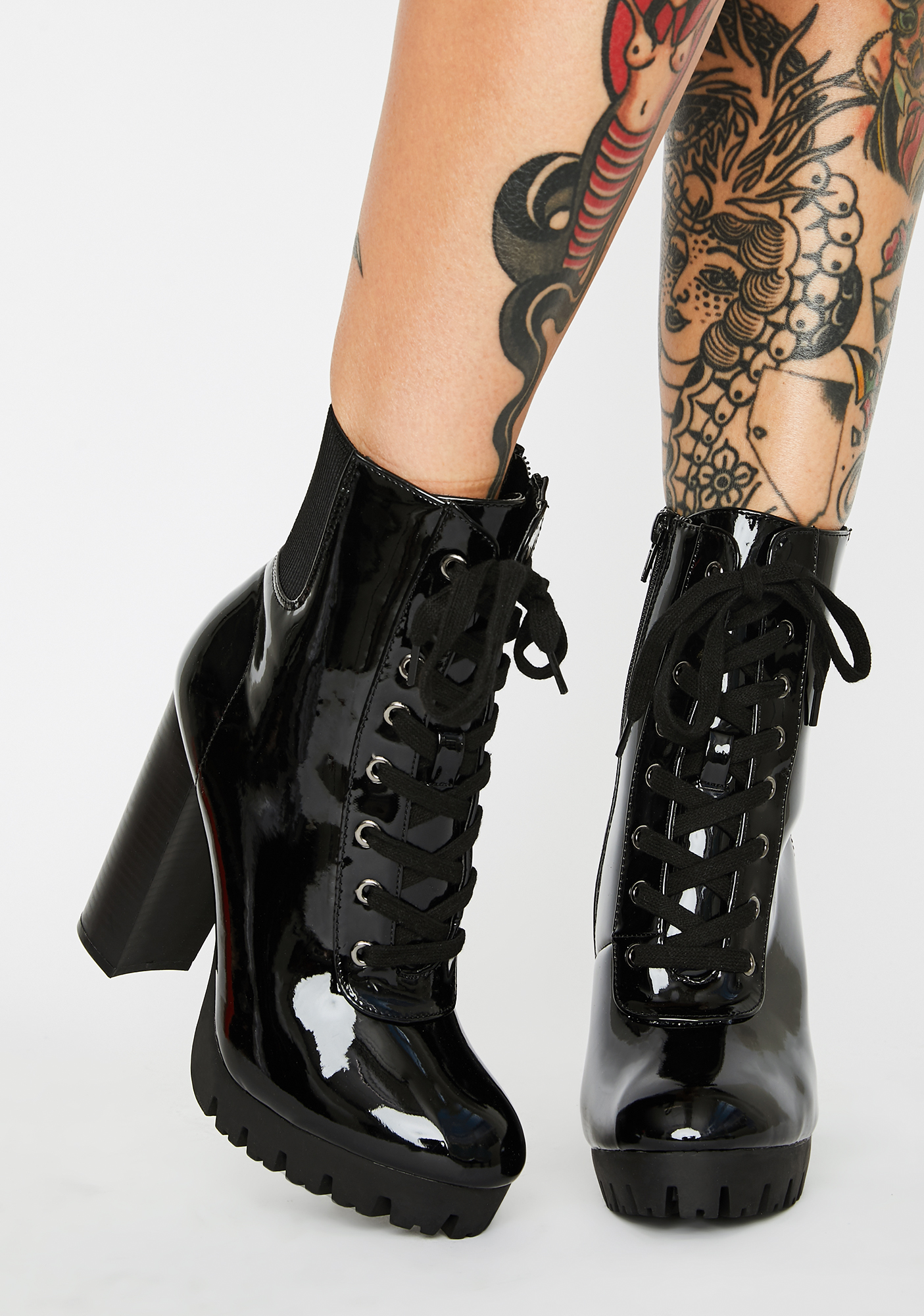 patent lace up heeled boots