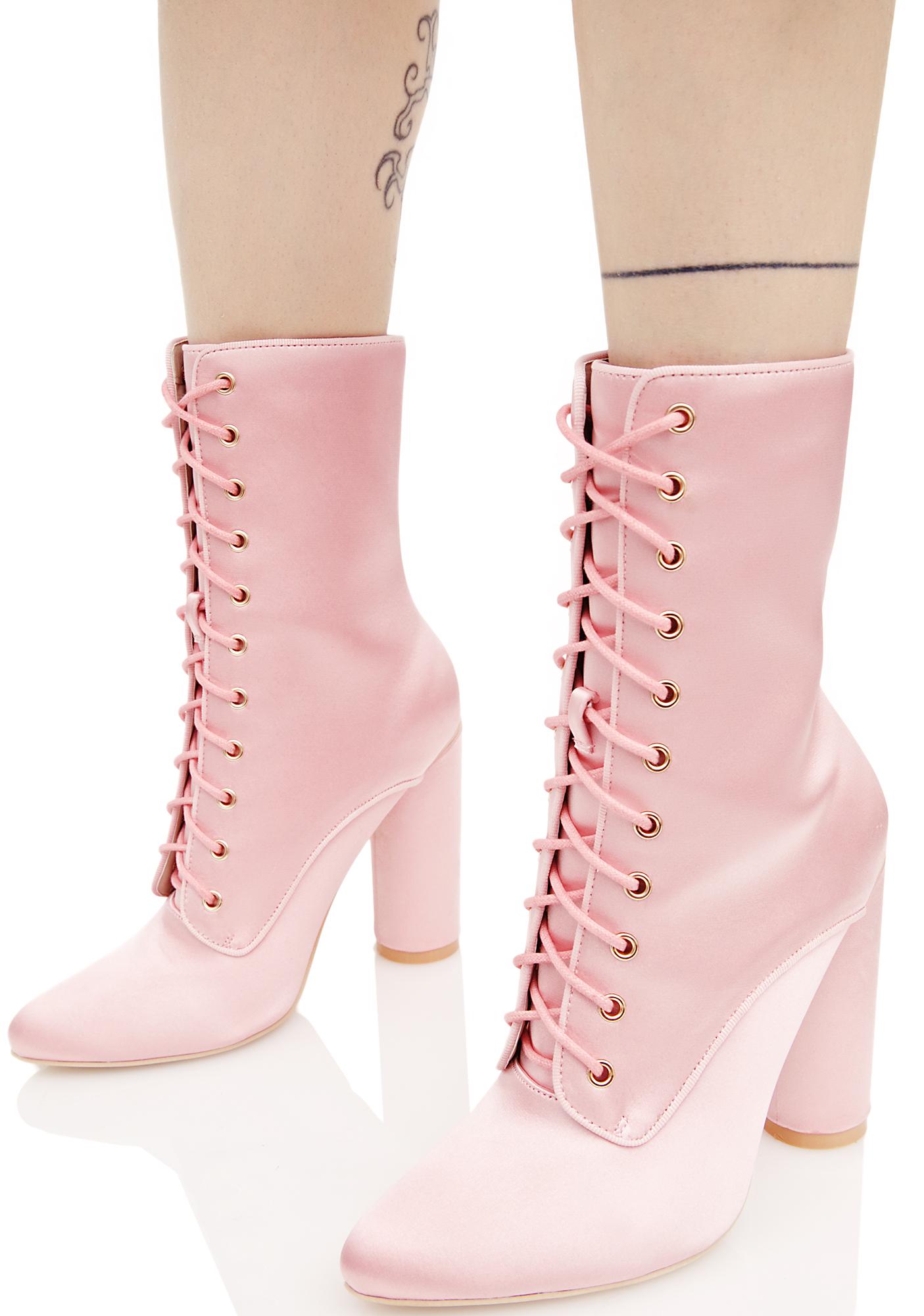 pink satin lace up heels