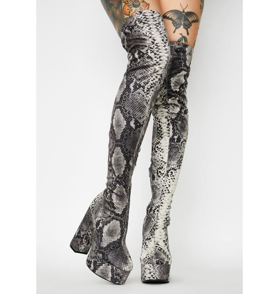snakeskin thigh high boots chunky heel