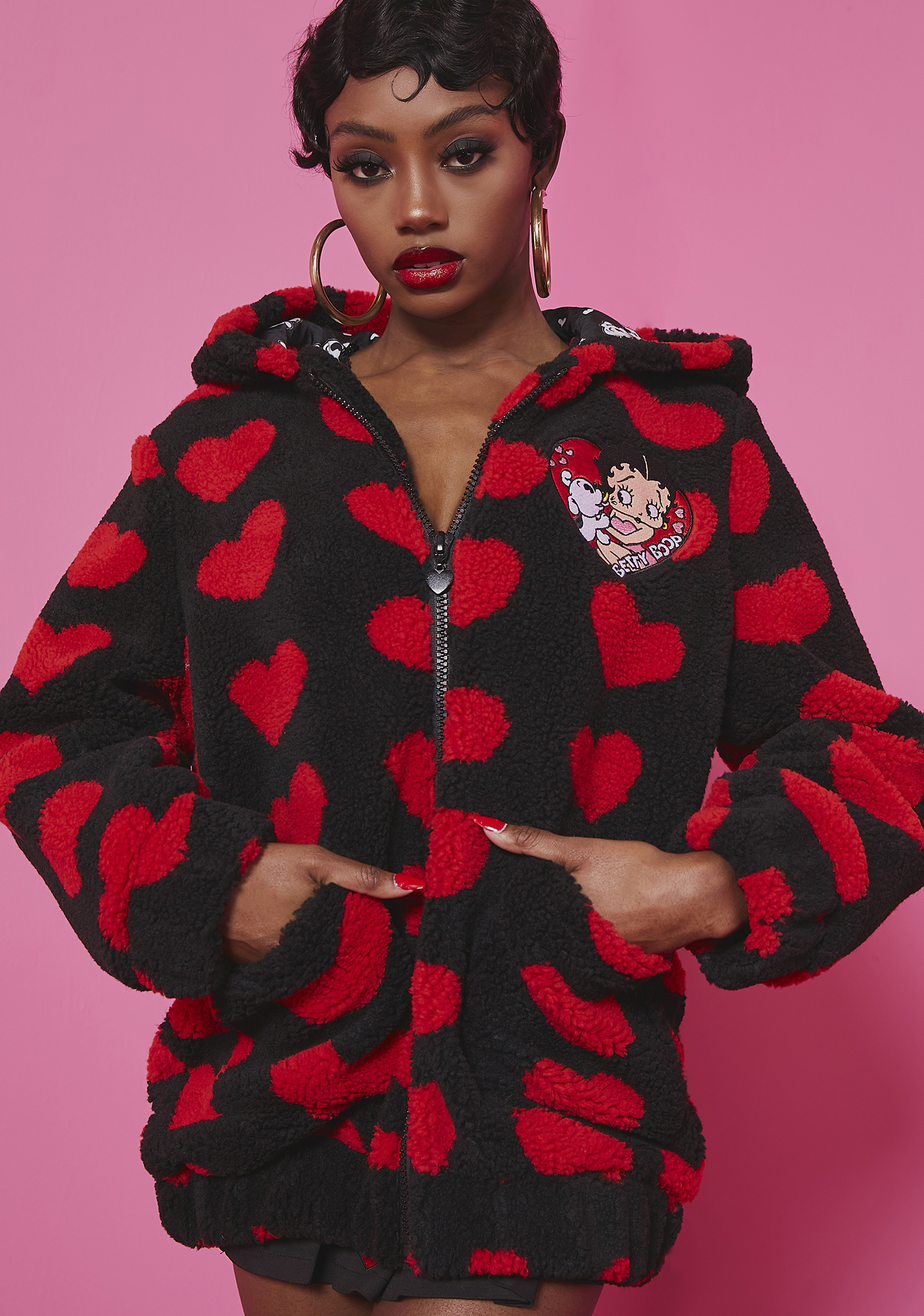 Betty Boop Fuzzy Heart Print Patch Hooded Jacket | Dolls Kill