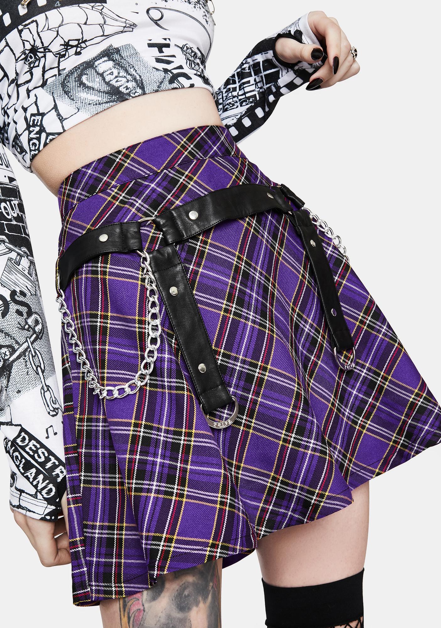 Tripp NYC Purple Plaid Harness Strap Chain Mini Skirt | Dolls Kill
