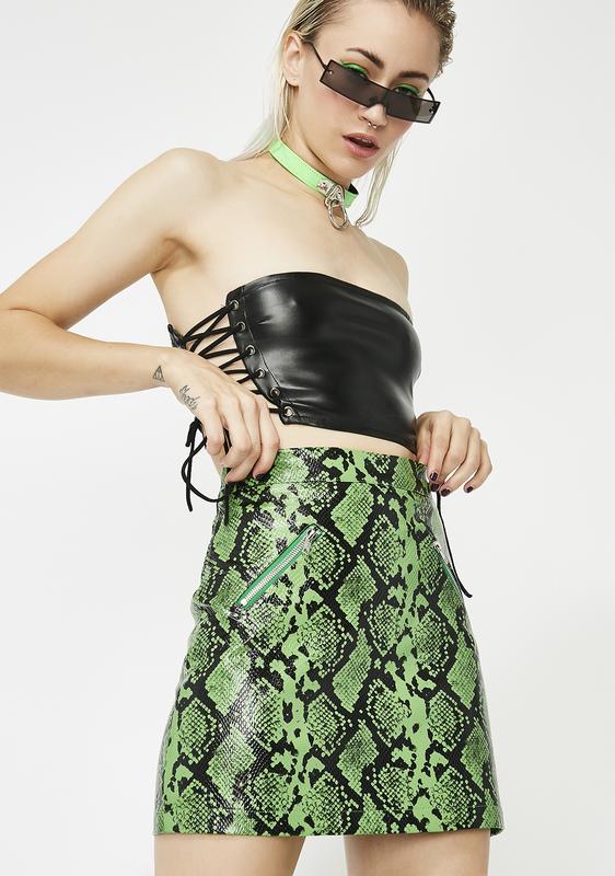 green snakeskin mini skirt